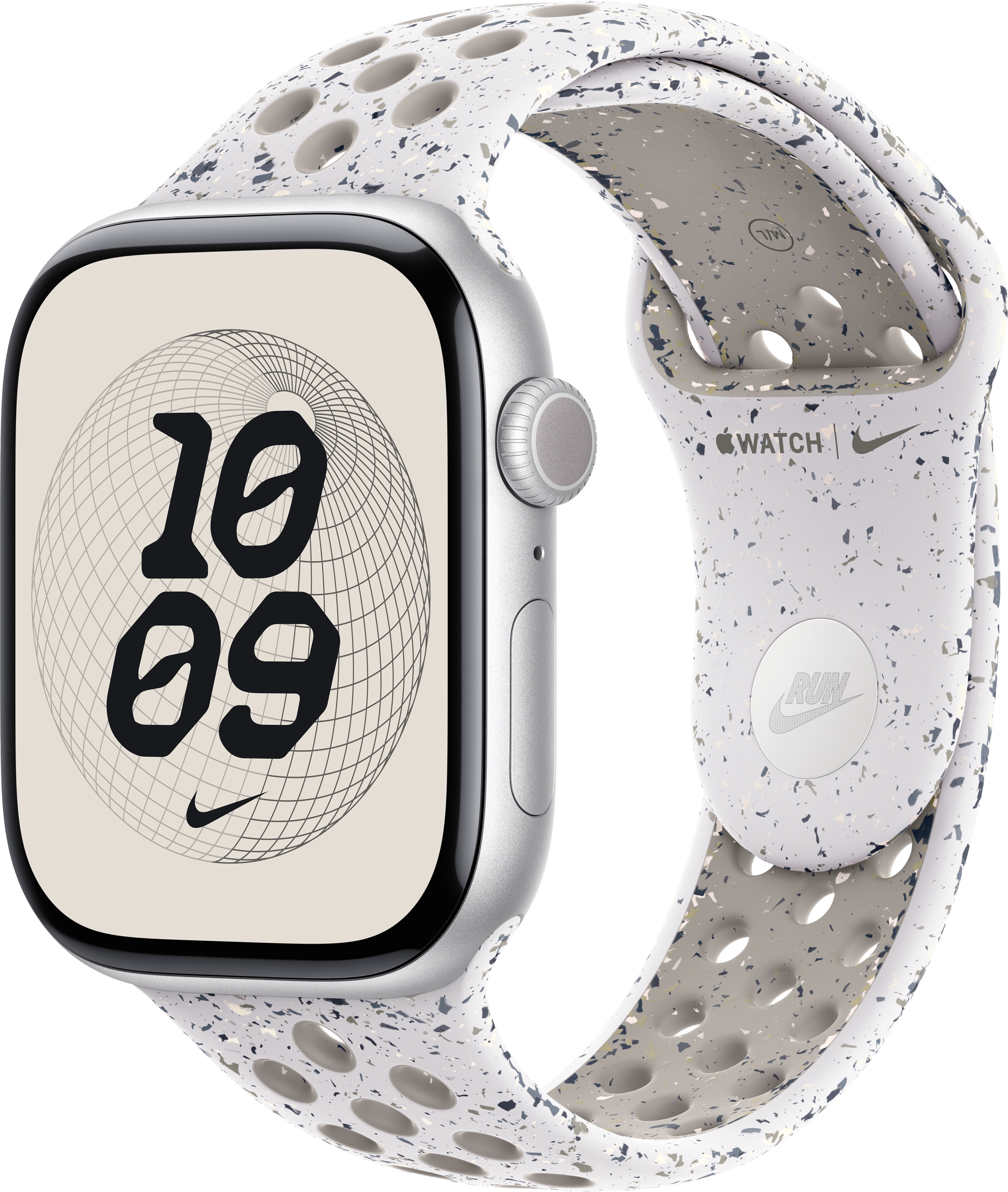Apple Watch mit weißem, gesprenkeltem Armband. Die Uhr zeigt die Zeit 10:09 Uhr an. Das Nike-Logo ist sichtbar.