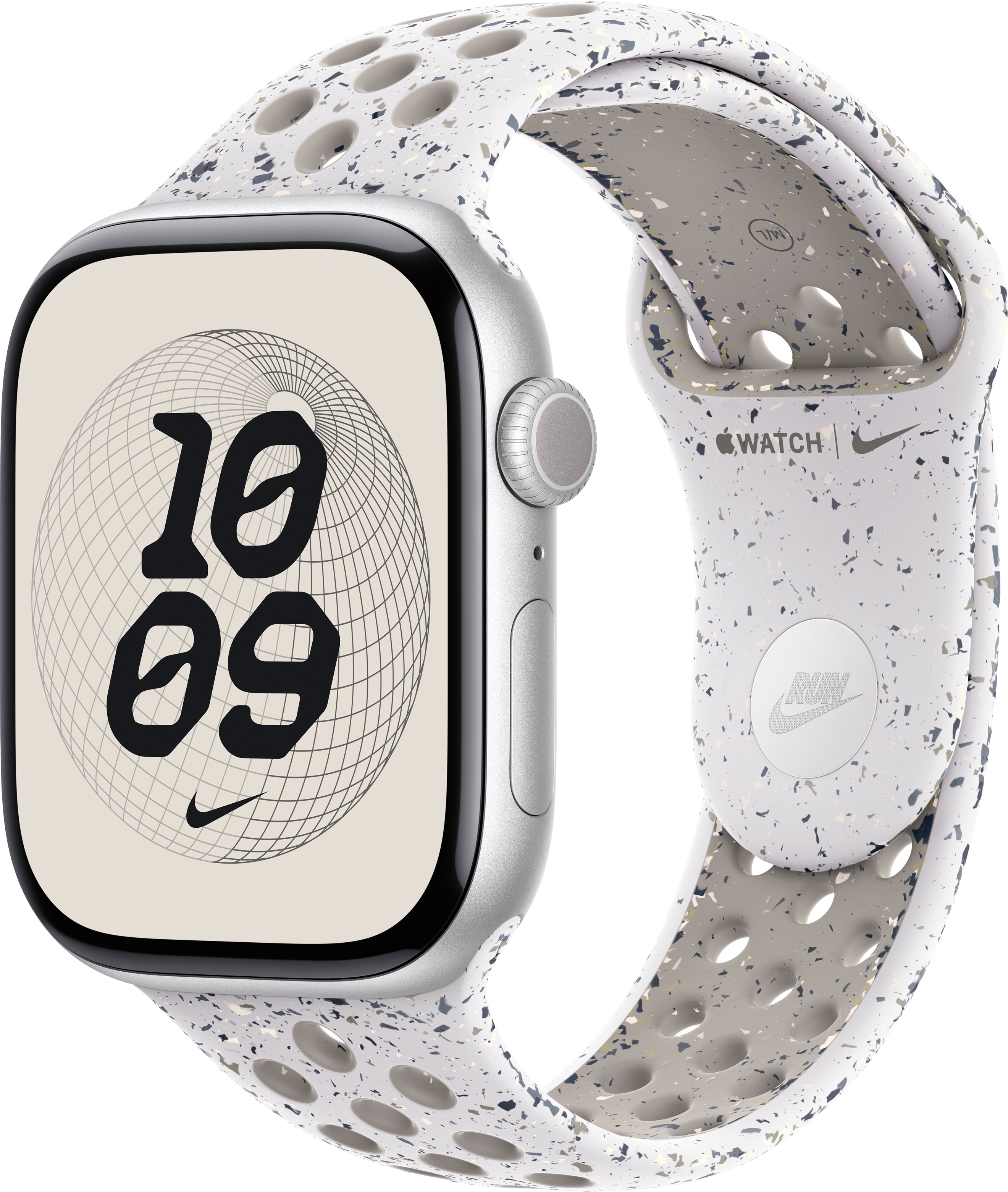 Apple Watch mit weißem, gesprenkeltem Armband. Das Zifferblatt zeigt die Uhrzeit 10:09. Nike-Logo ist vorhanden.