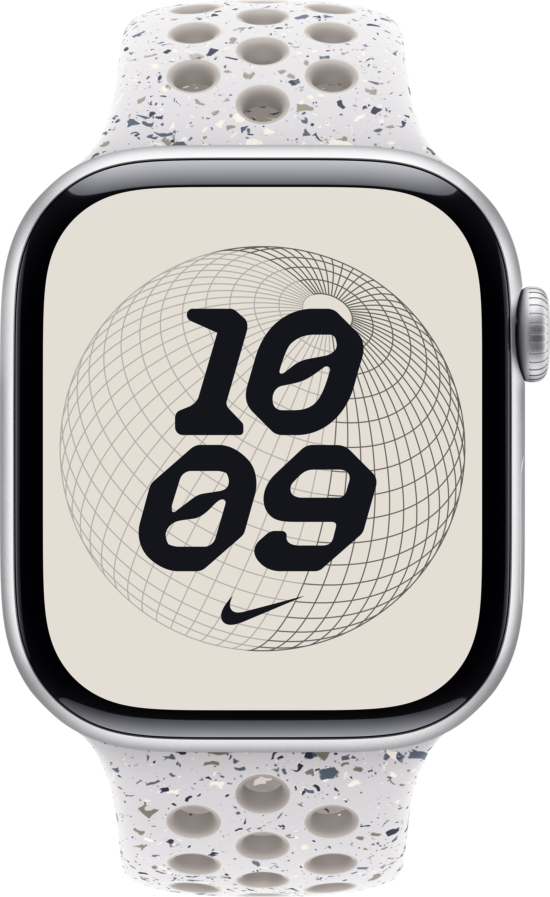 Eine silberne Smartwatch zeigt 10:09 mit einem Nike-Logo an. Die Uhr hat ein weißes Armband mit grauen Sprenkeln. Das Zifferblatt hat ein Gitter.