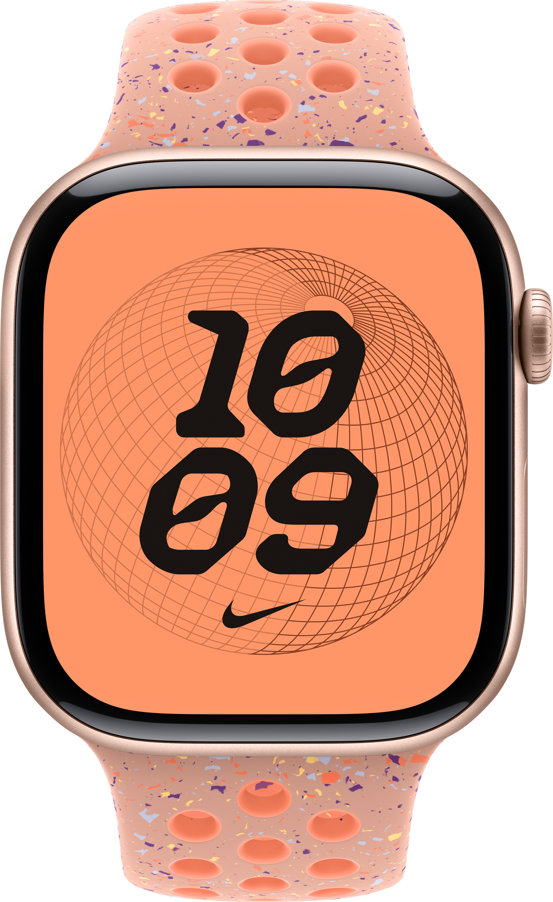 Apple Watch mit pfirsichfarbenem Armband. Das Zifferblatt zeigt '10:09' mit einem Nike-Logo. Pfirsichfarbenes Armband mit Löchern und farbigen Sprenkeln.