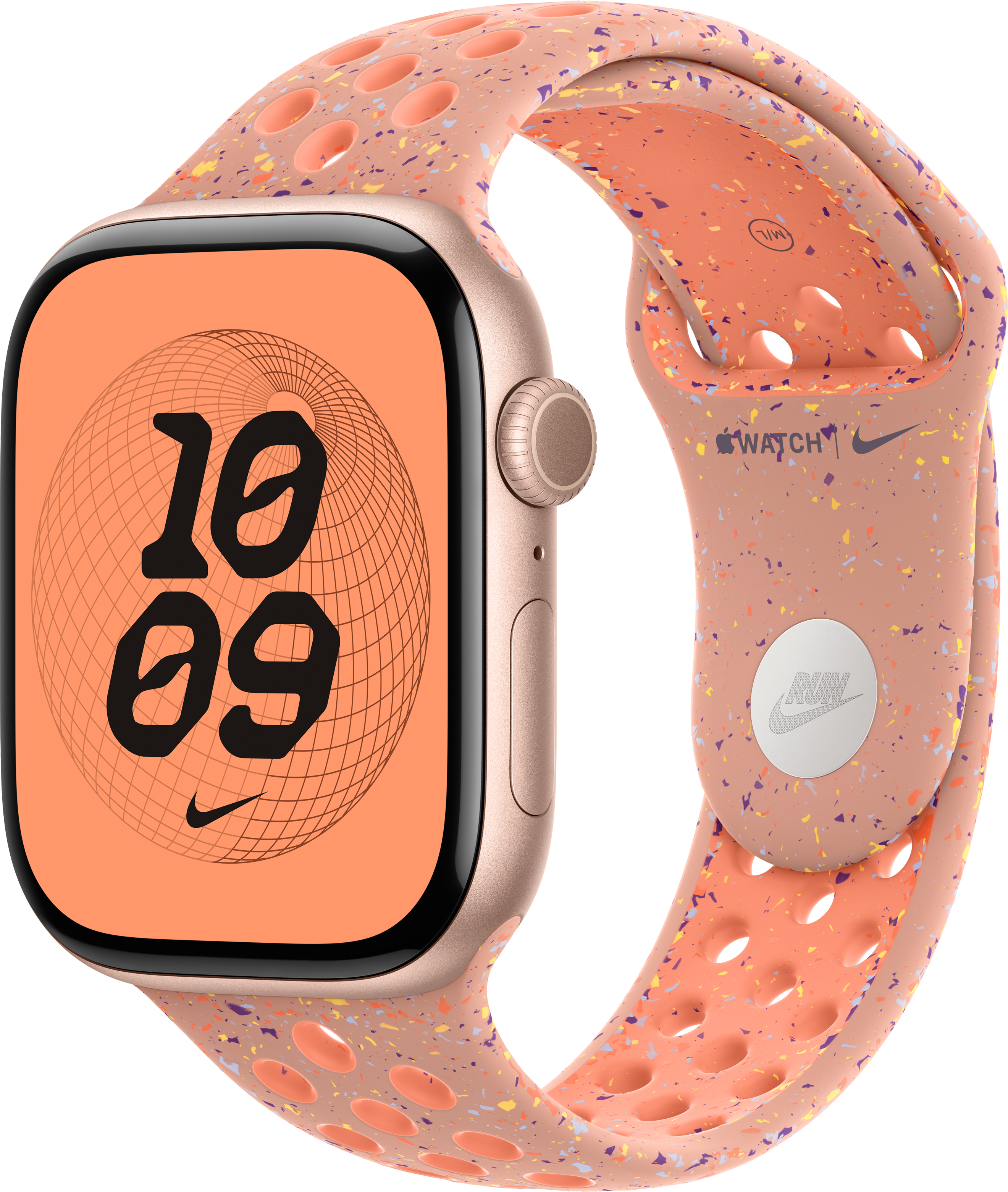 Apple Watch mit pfirsichfarbenem Armband. Ziffernblatt zeigt 10:09, Nike-Logo. Armband hat ein gesprenkeltes Design mit Löchern.