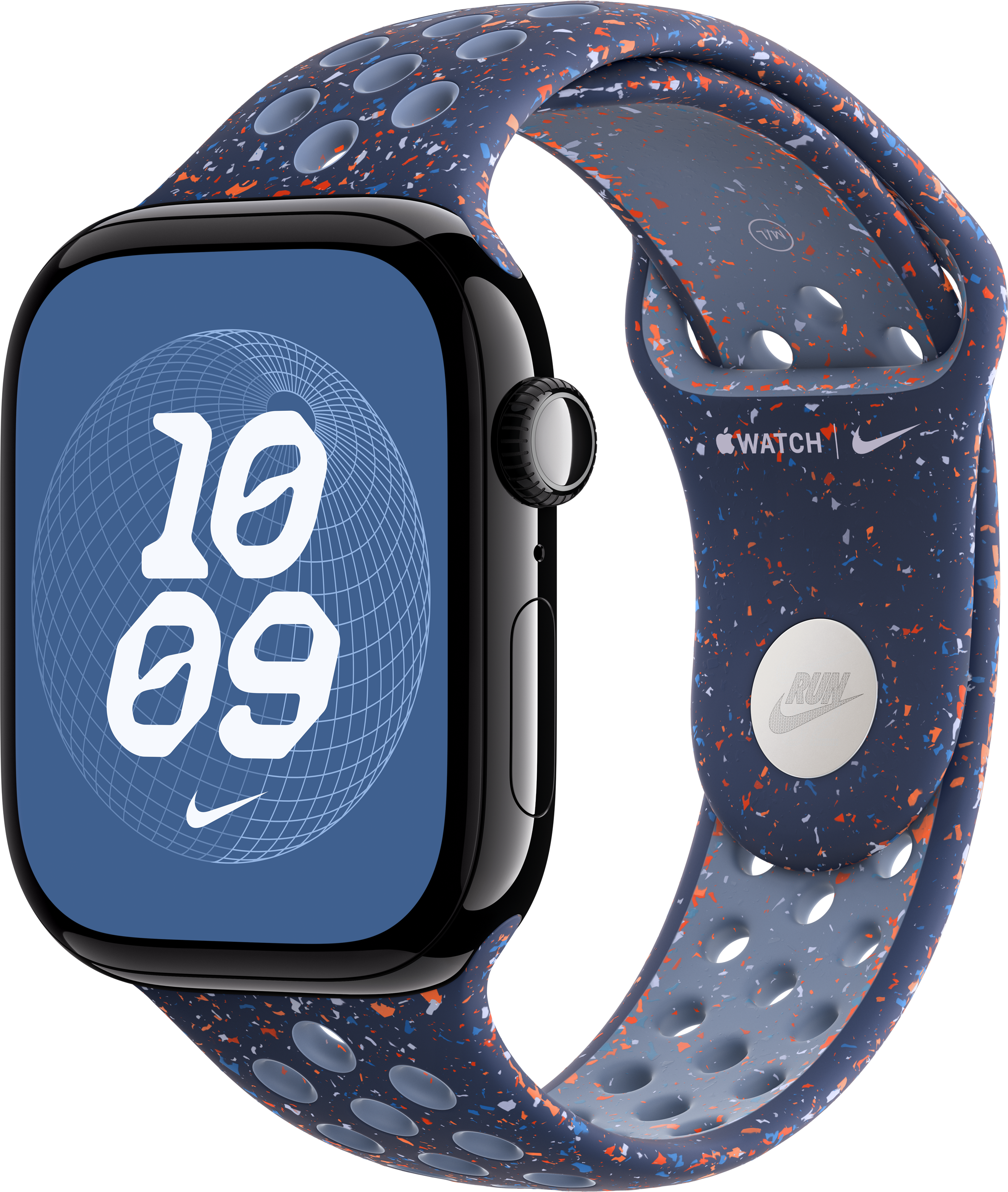 Apple Watch mit blau gesprenkeltem Armband. Die Uhr zeigt 10:09 Uhr an. Nike-Logo auf Uhr und Band.
