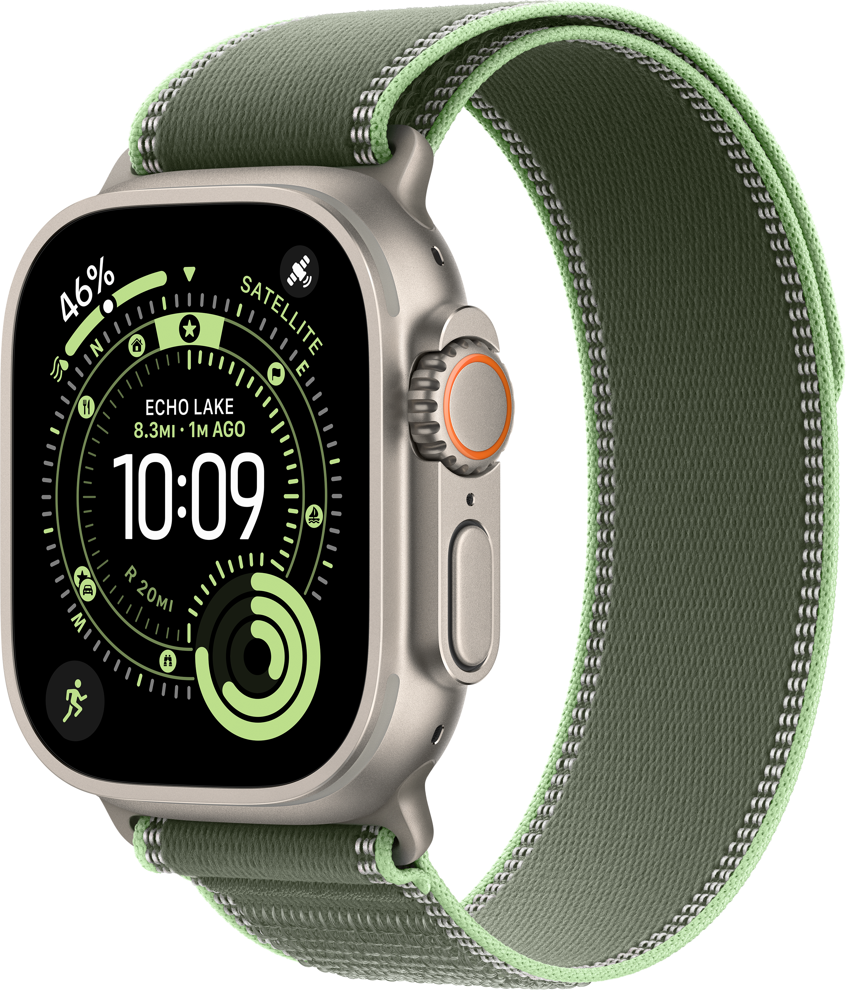 Eine silberne Smartwatch mit grünem Armband zeigt Uhrzeit und Daten an. Das Zifferblatt zeigt 10:09 und andere Metriken in Grün und Schwarz.