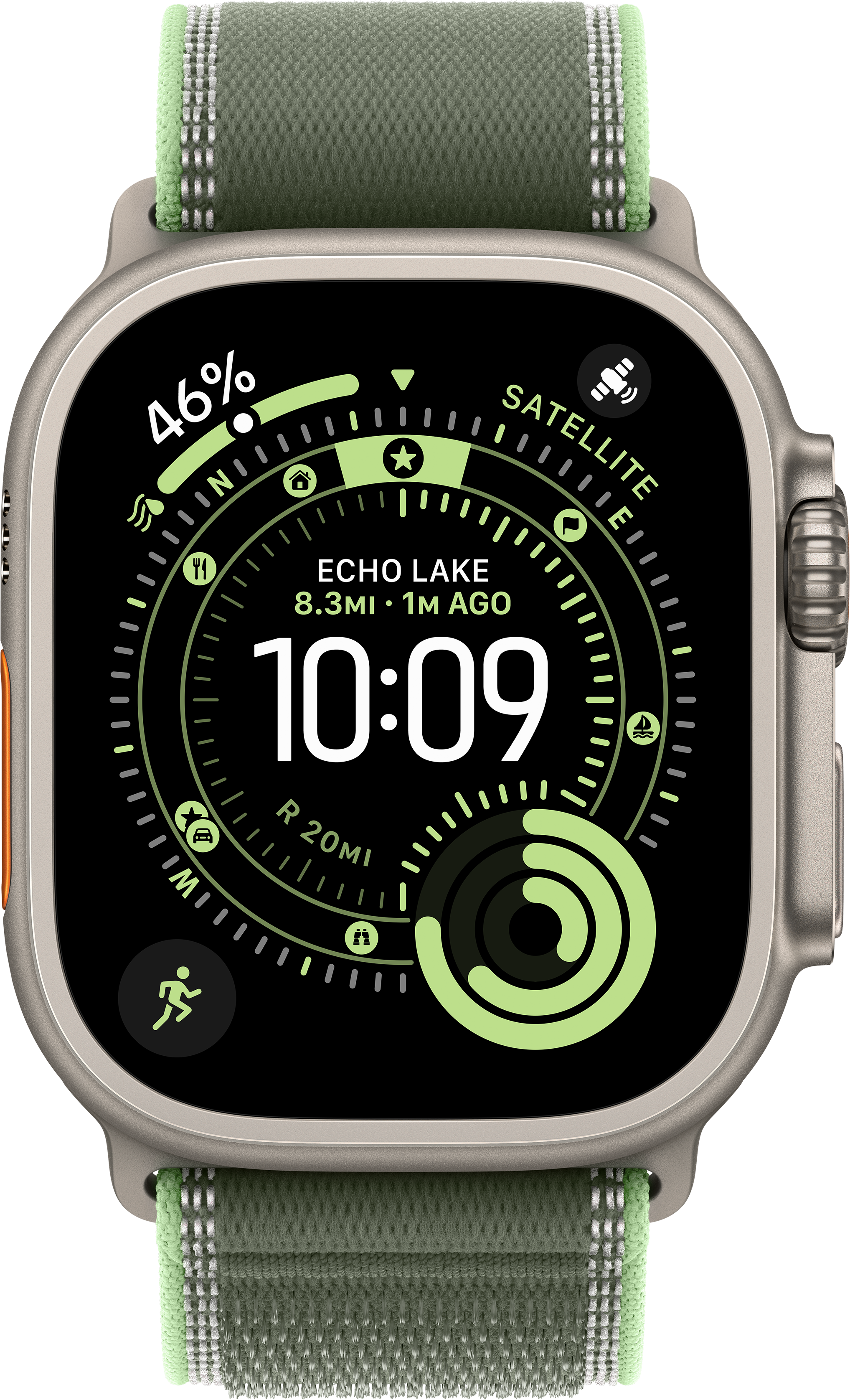 Une Apple Watch Ultra avec un bracelet vert affiche l'heure, le pourcentage de batterie et les mesures d'activité.