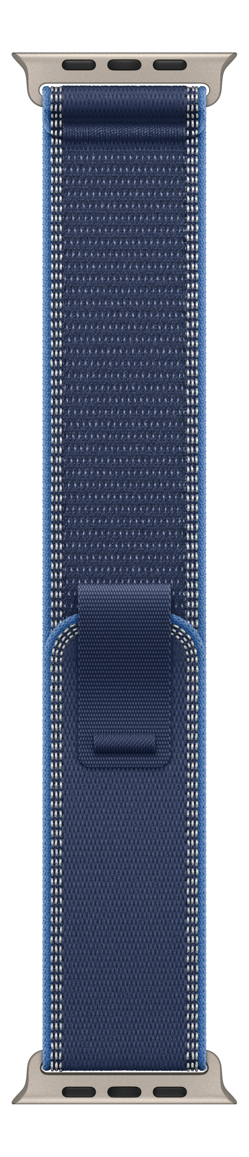 Ein blaues Apple Watch-Armband mit strukturiertem Gewebe. Es hat eine silberne Schnalle und weiße Nähte.