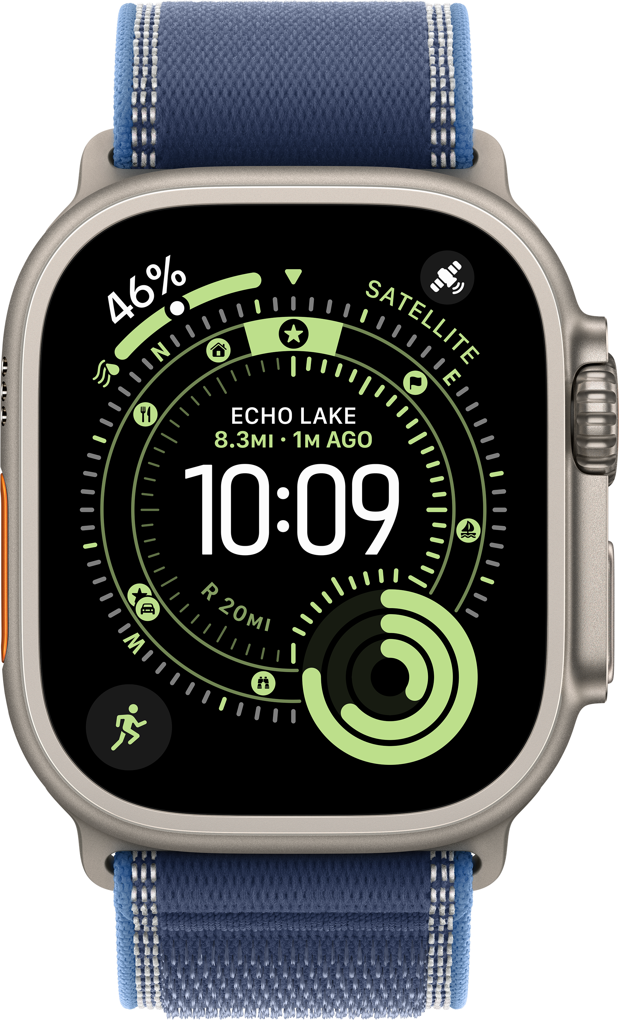 Une Apple Watch Ultra argentée affiche l'heure 10:09, 46% de batterie et les données de localisation. Elle a un bracelet en tissu bleu.