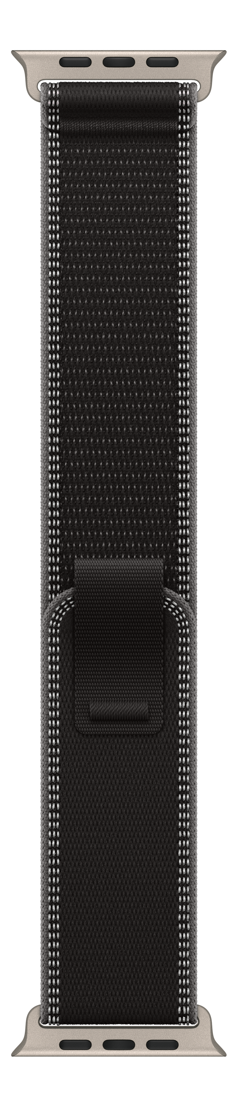 Ein schwarzes Apple Watch-Armband mit strukturierter Oberfläche, weißen Nähten und einem schwarzen Riemenhalter. Die Stege sind silberfarben.