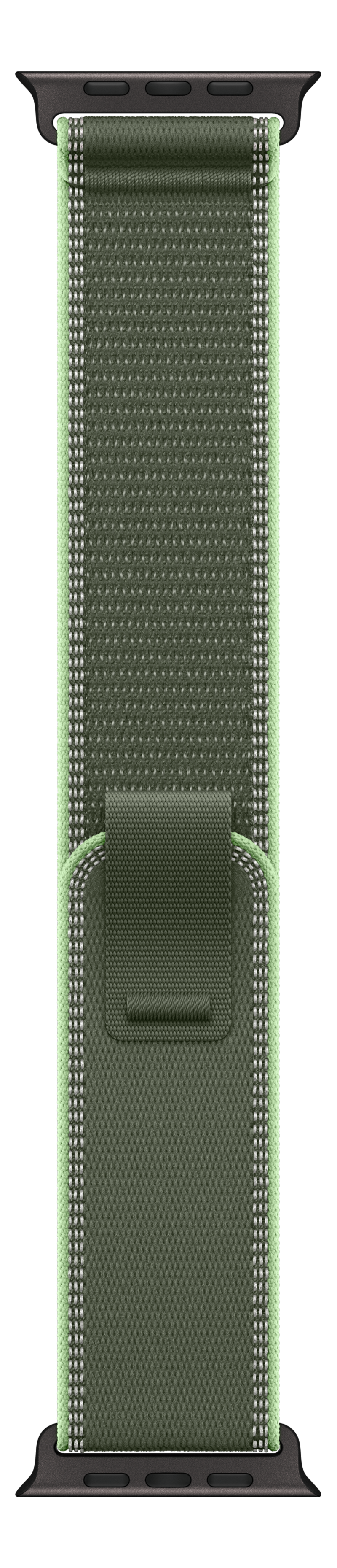 Un bracelet Apple Watch vert olive avec un bord vert clair et des coutures blanches. Extrémités sombres.