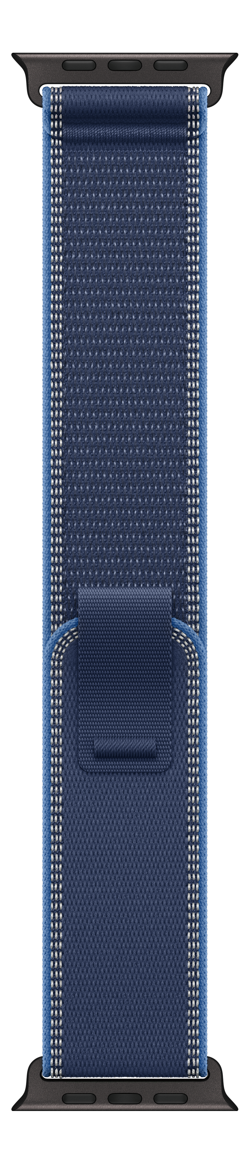 Bracelet Apple Watch bleu foncé avec texture tissée. Bords bleu clair avec coutures blanches. Fond noir.