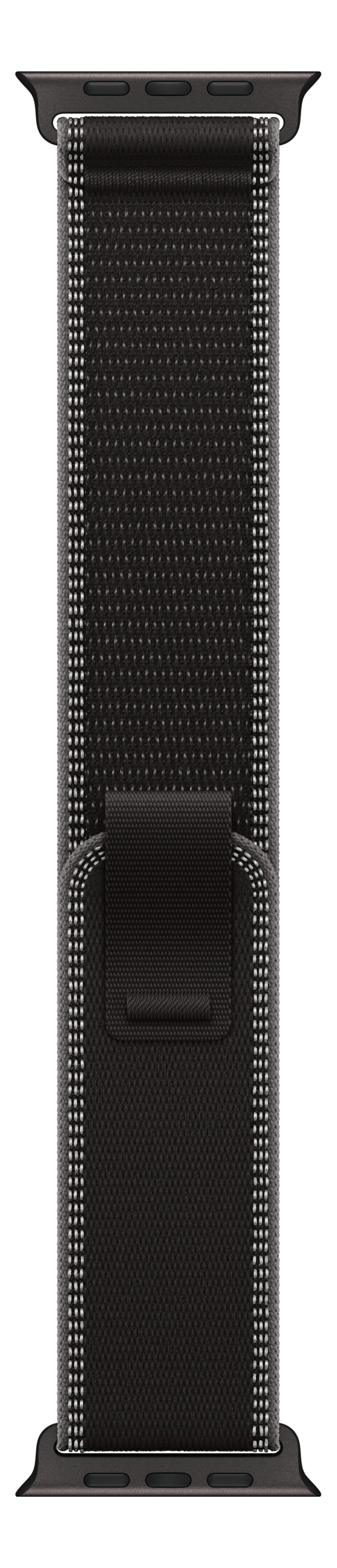 Ein schwarzes Apple Watch-Armband mit strukturierter Oberfläche. Weiße Nähte säumen die Ränder. Ein schwarzer Verschluss ist zentriert.