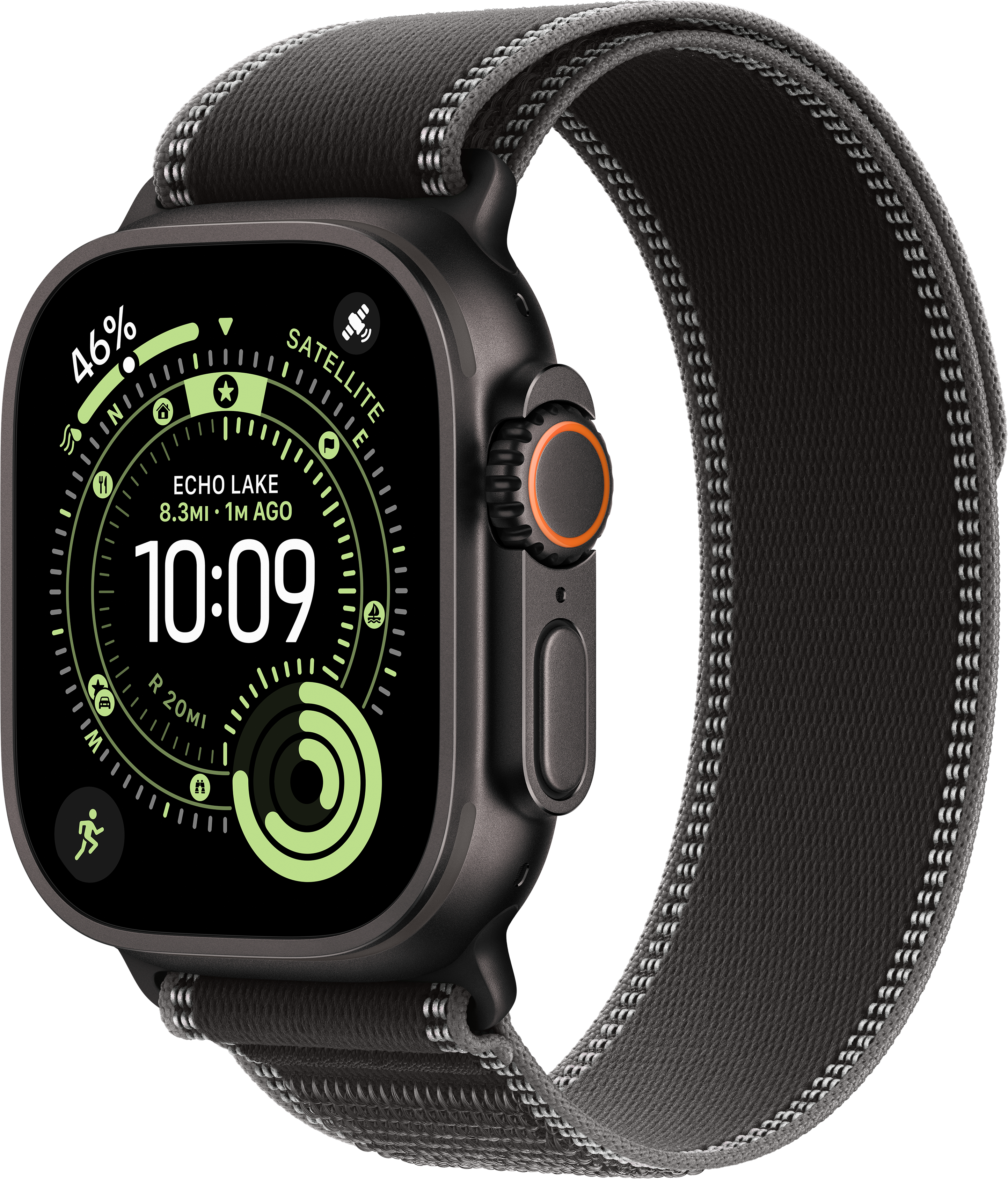 Apple Watch Ultra avec bracelet gris. La montre affiche l'heure et les données de santé.