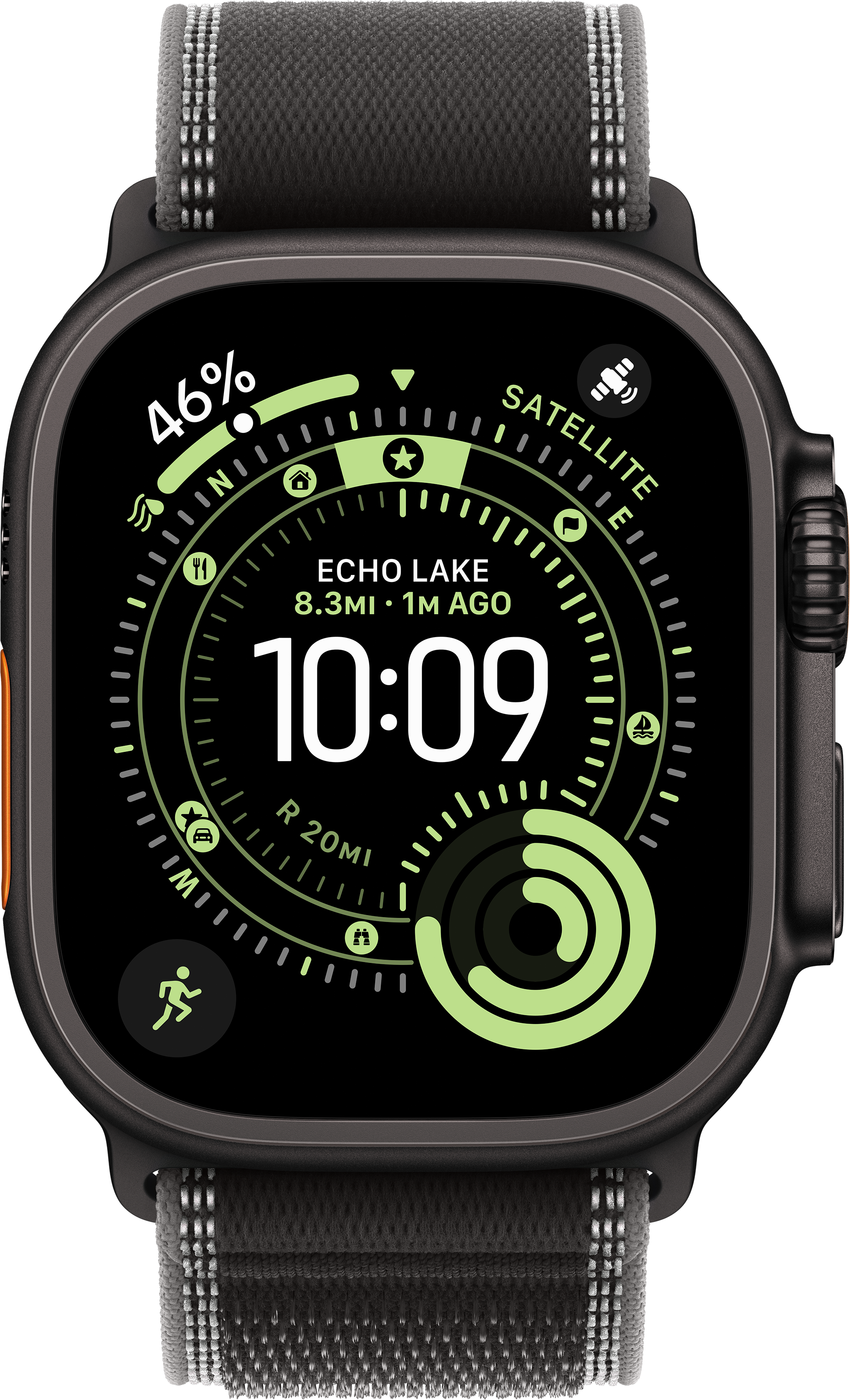 Apple Watch noir avec interface verte et blanche affichant l'heure et les données, 46% de batterie. Bracelet noir et gris.