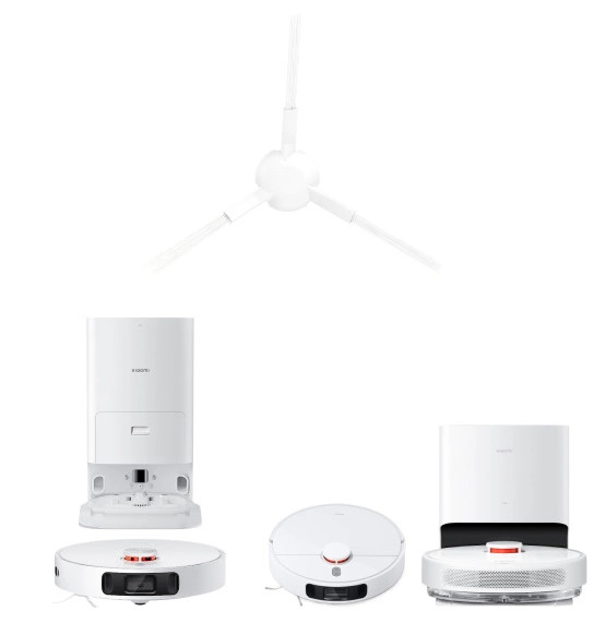 Biały robot sprzątający i akcesoria. Różne widoki odkurzacza i stacji ładującej. Trójramienna szczotka na górze.