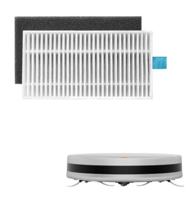 Elementy robota odkurzającego: filtr i pianka oraz sam robot. Biało-czarny design. Czyste białe tło.