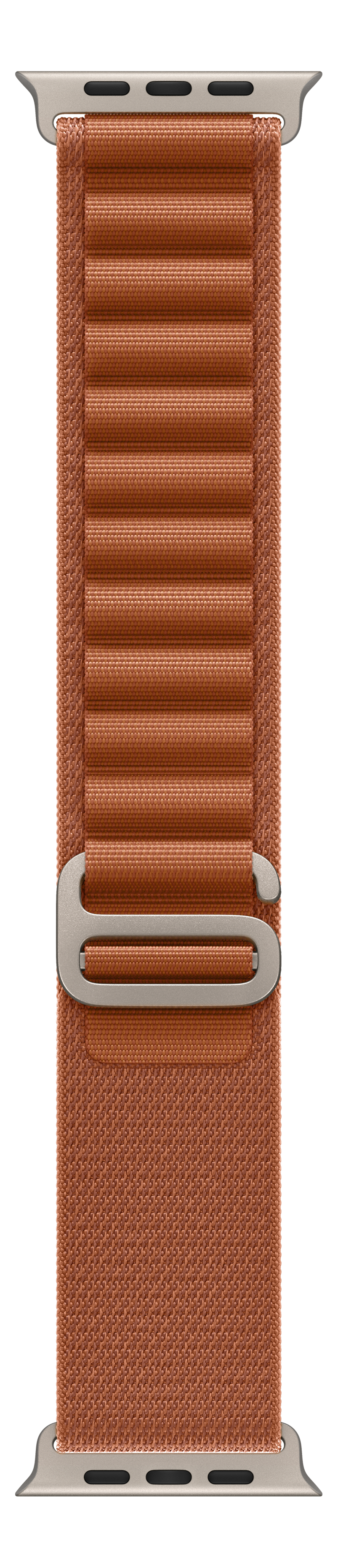 Un bracelet Apple Watch orange avec boucle et connecteurs argentés sur fond noir.