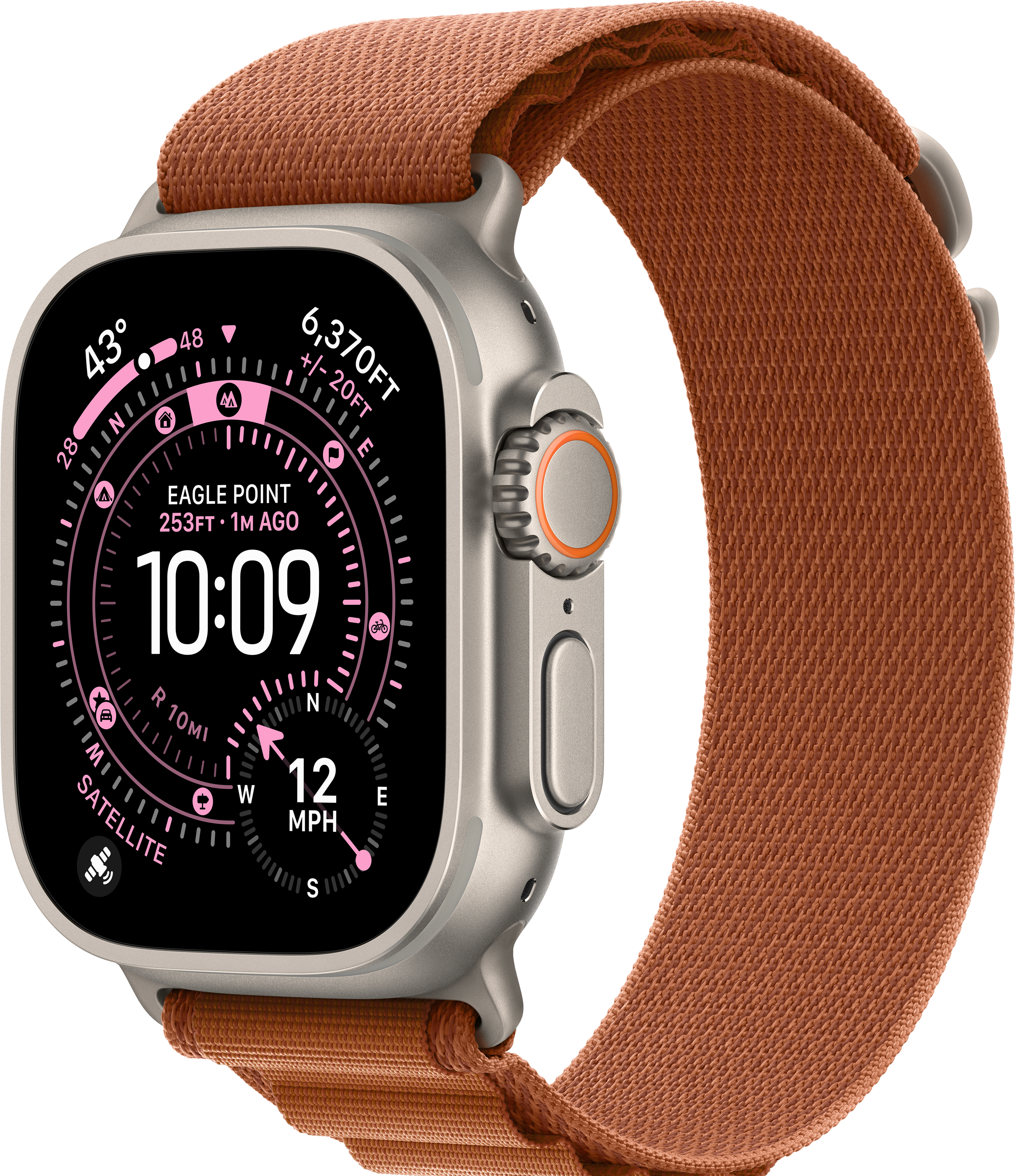 Une montre connectée avec un bracelet marron affiche l'heure, l'altitude et les données de la boussole. La montre est argentée avec un bouton orange.