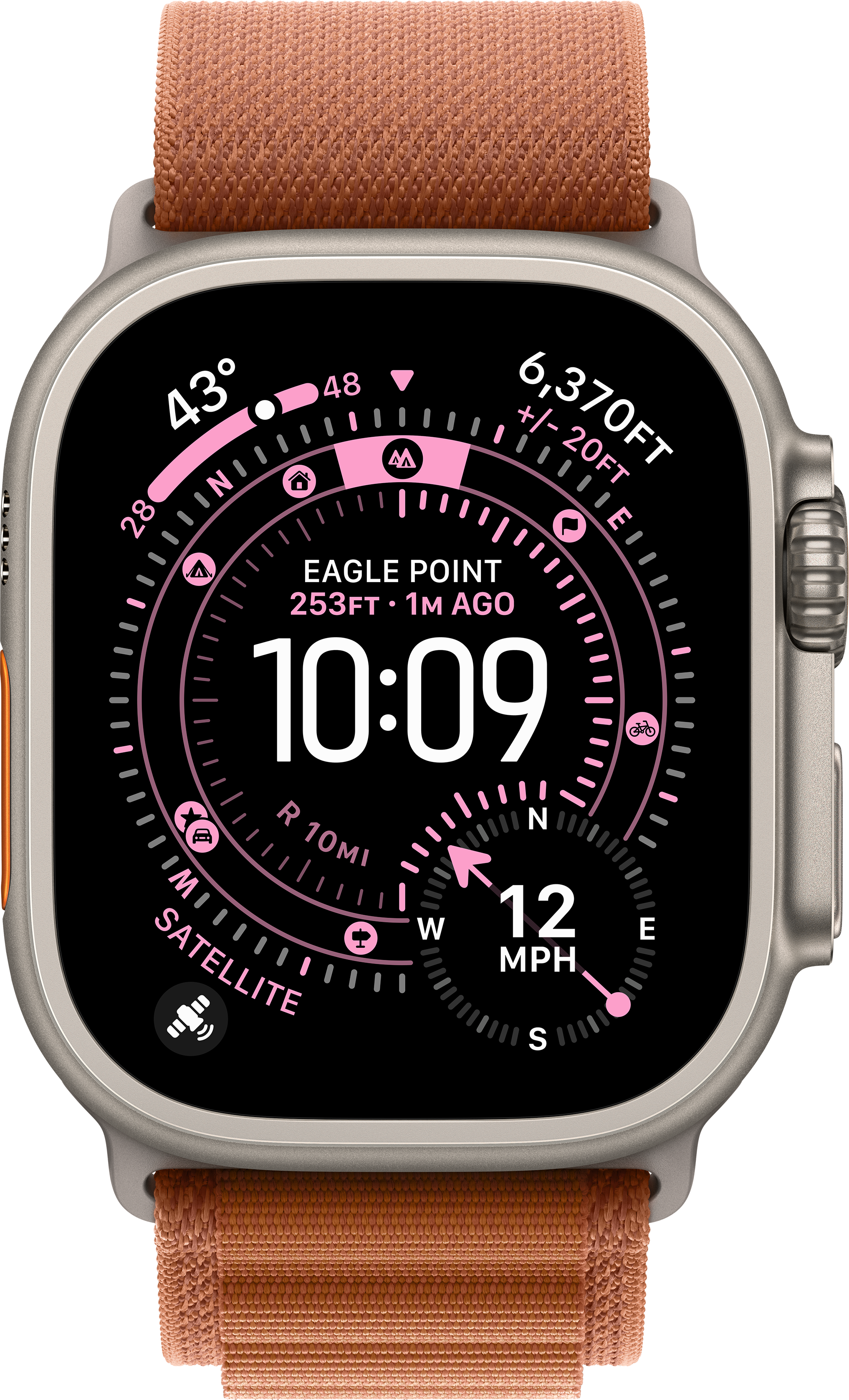 Une montre connectée argentée avec un bracelet marron affiche l'heure, l'altitude, la vitesse et les données de localisation sur fond noir.