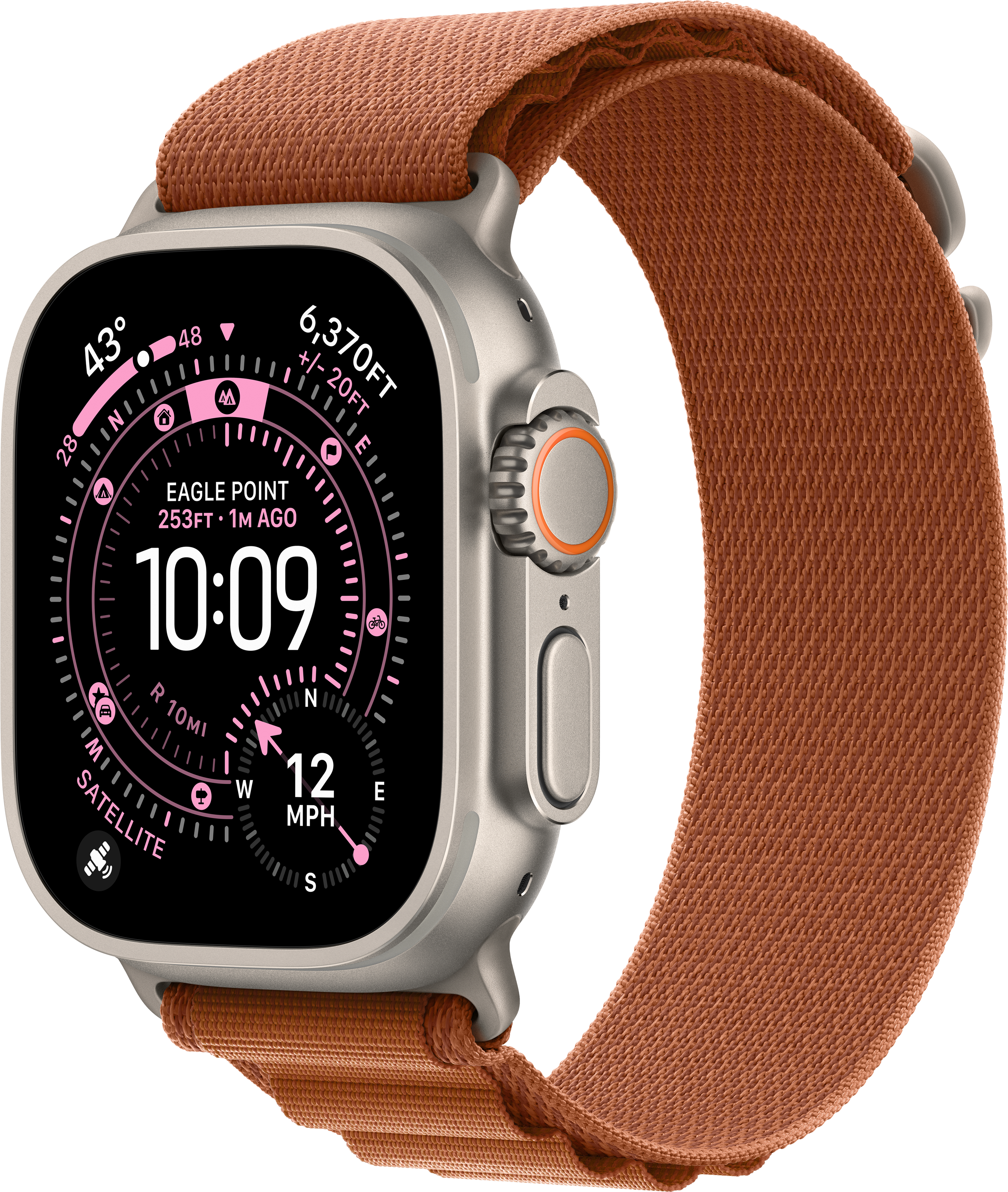 Une Apple Watch argentée avec un bracelet orange affiche l'heure, l'altitude et la vitesse. L'écran affiche 10:09 et d'autres données.