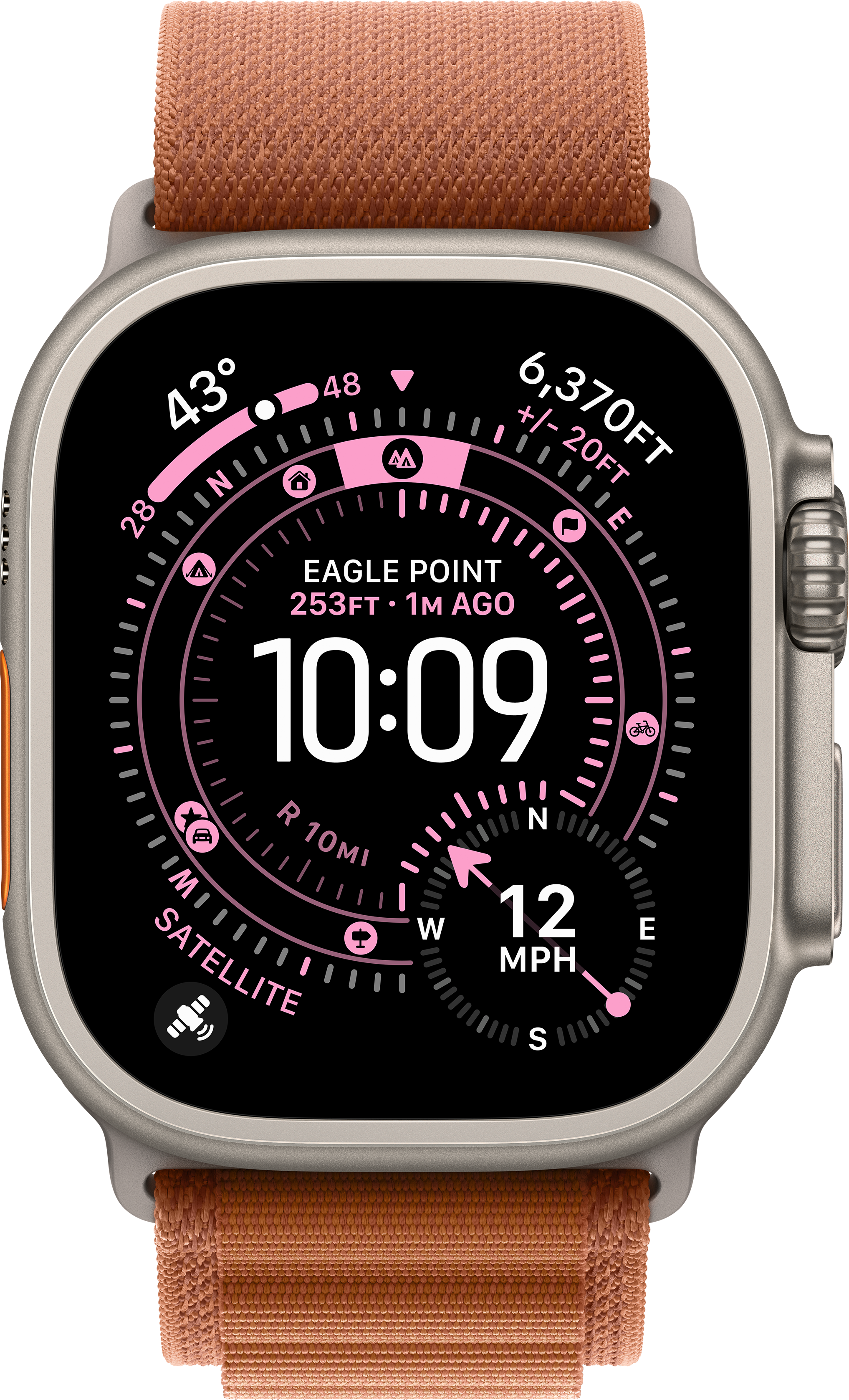 Une montre intelligente affiche l'heure, l'altitude et la vitesse. La montre a un bracelet marron. L'écran affiche des données avec des indicateurs roses et blancs.