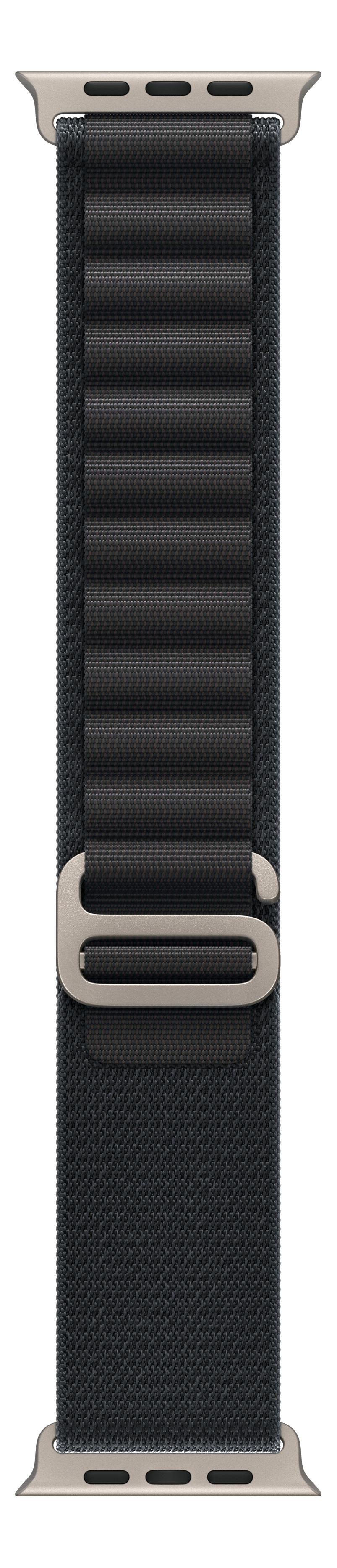 Un bracelet de montre gris foncé avec une boucle métallique et des fixations beige clair. Fond noir.