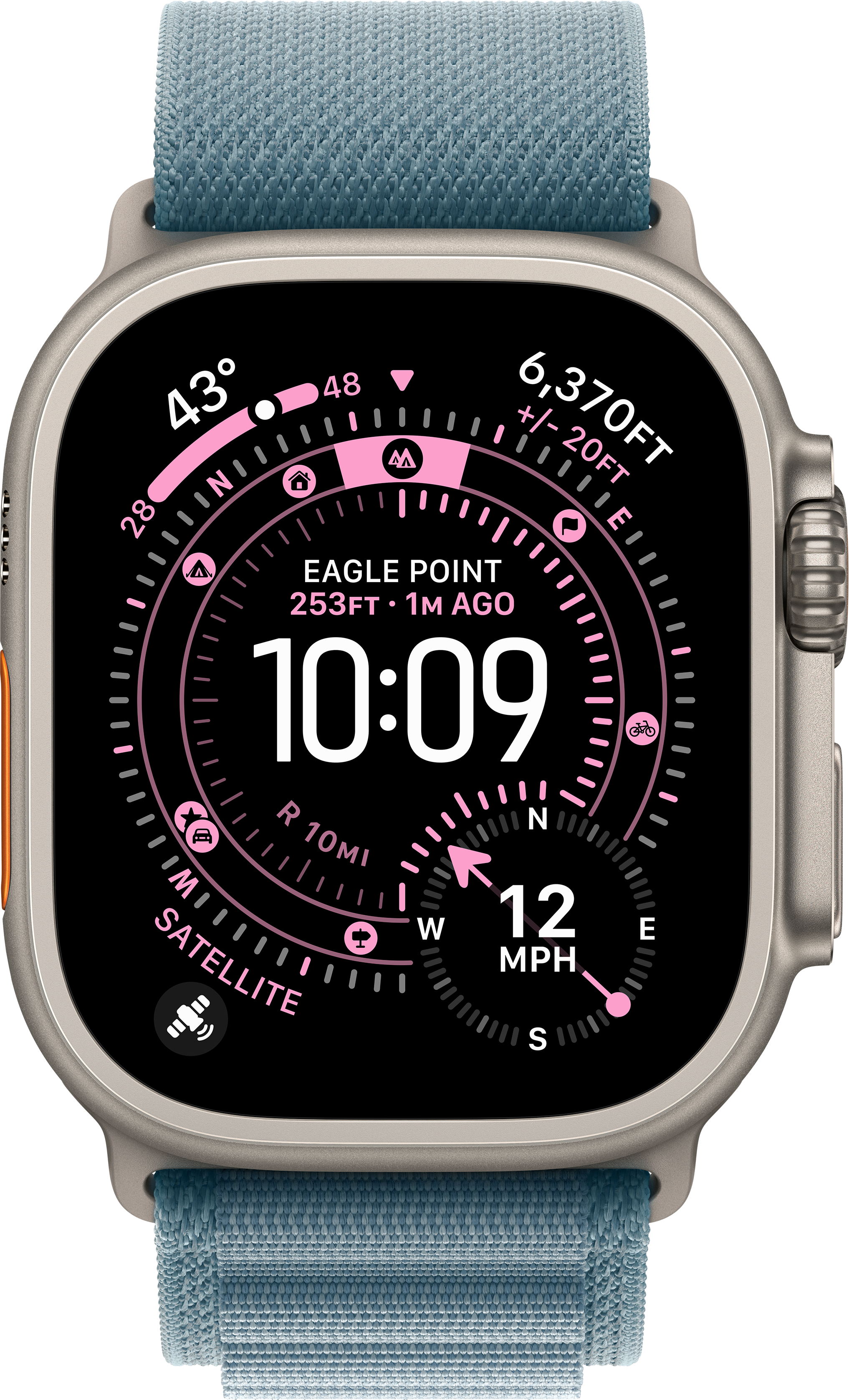 Eine Smartwatch zeigt Zeit, Höhe, Geschwindigkeit und Standortdaten an. Sie hat ein blaues Armband und ein graues Gehäuse.