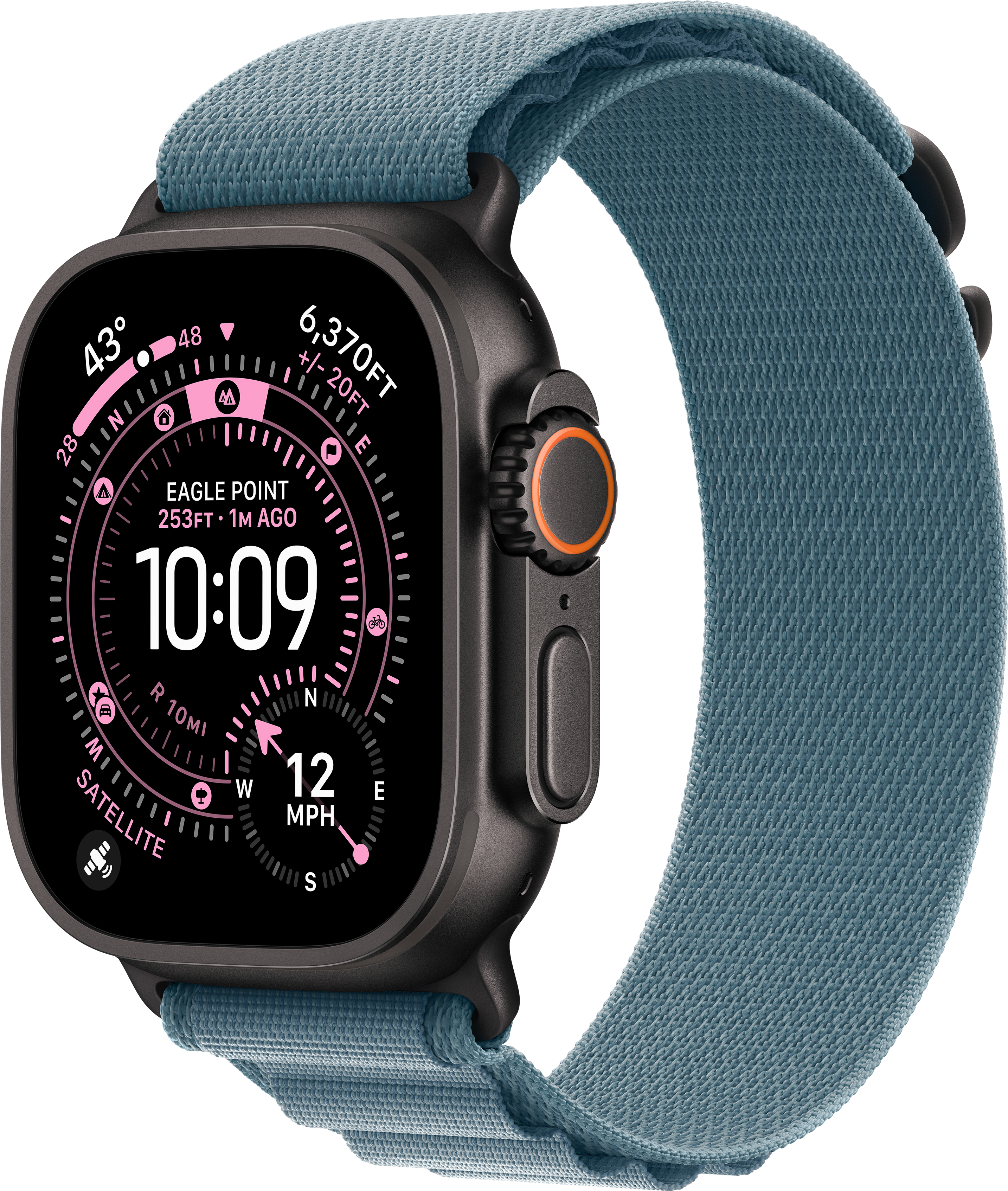 Un Apple Watch nero con cinturino verde acqua mostra ora, altitudine e dati sulla posizione. L'orologio ha un display digitale e una corona arancione.