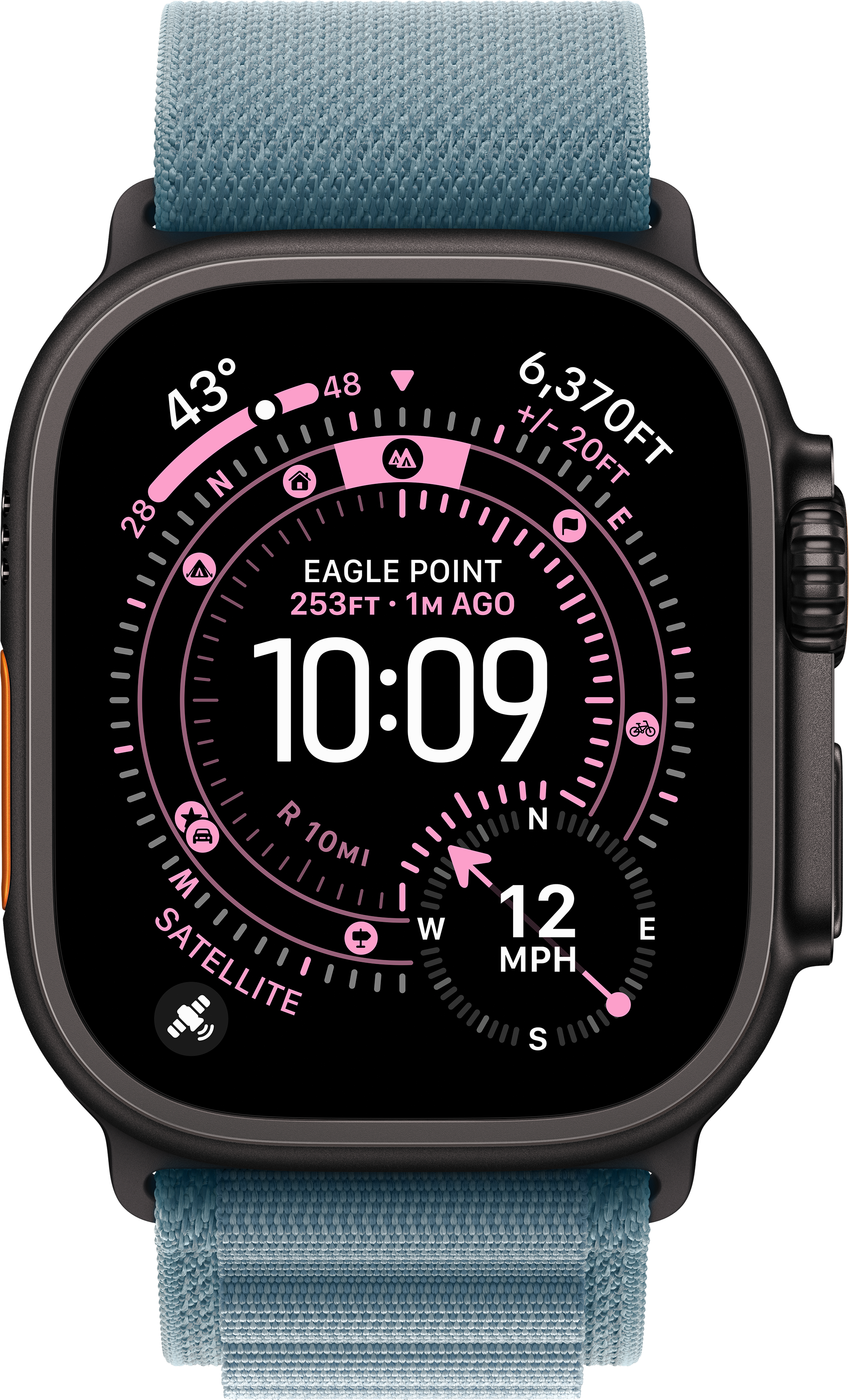Uno smartwatch mostra ora, posizione e velocità. Ha un cinturino blu. Lo schermo mostra 10:09, Eagle Point e velocità di 12MPH.