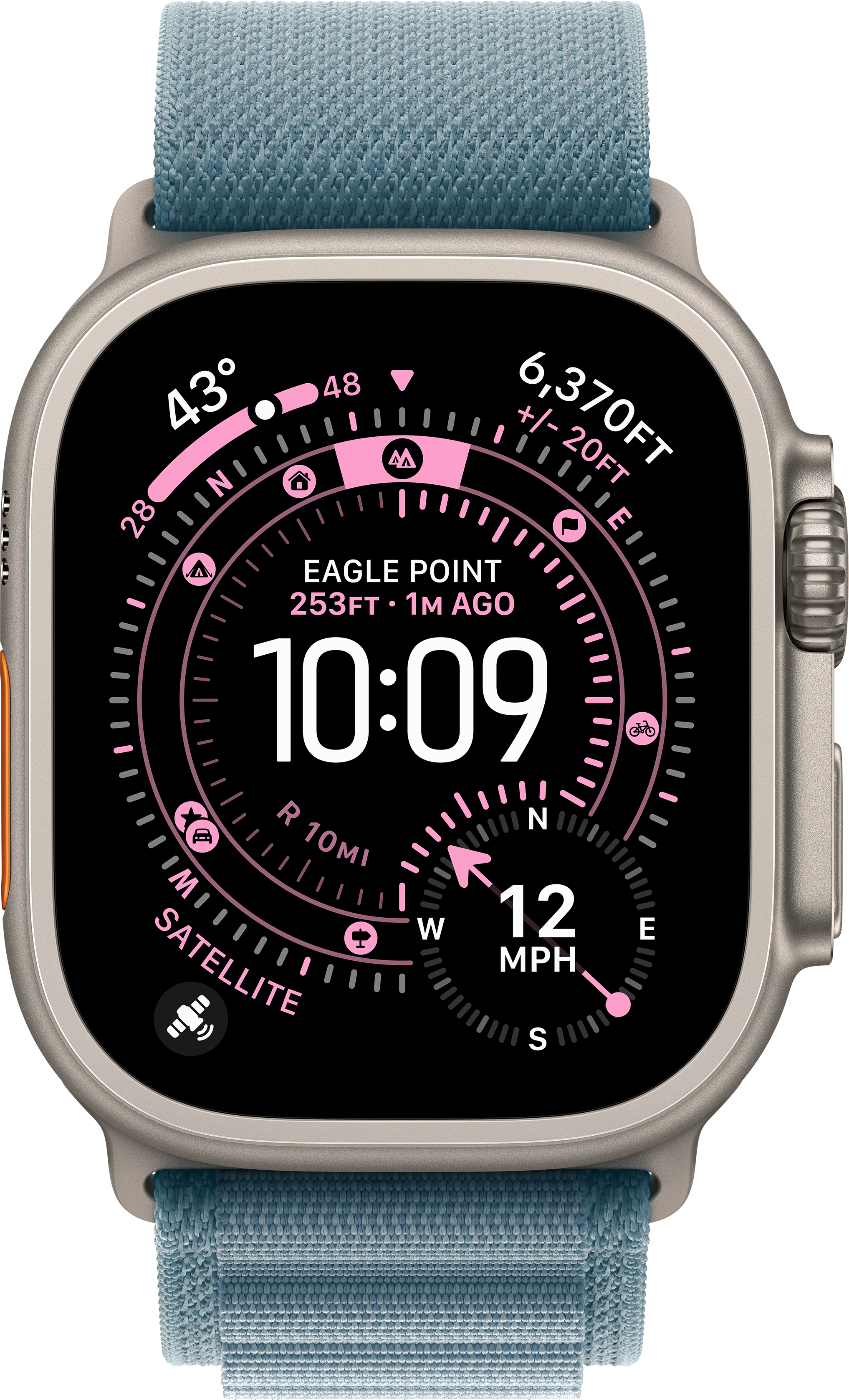 Eine Apple Watch Ultra zeigt Zeit, Höhe und andere Metriken auf schwarzem Hintergrund an. Die Uhr hat ein blaues Armband.