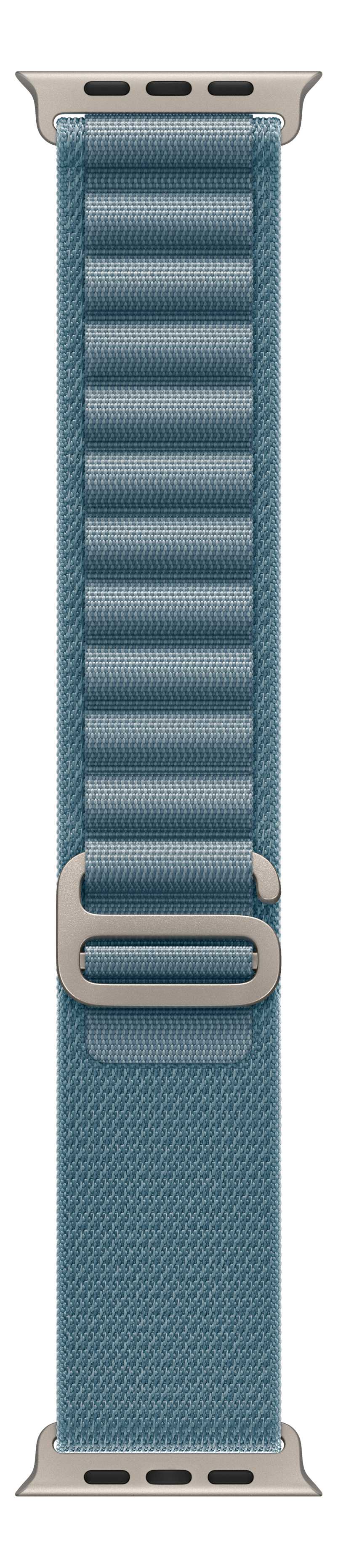 Ein hellblaues Apple Watch-Armband mit Metallschnalle. Der Hintergrund ist schwarz.