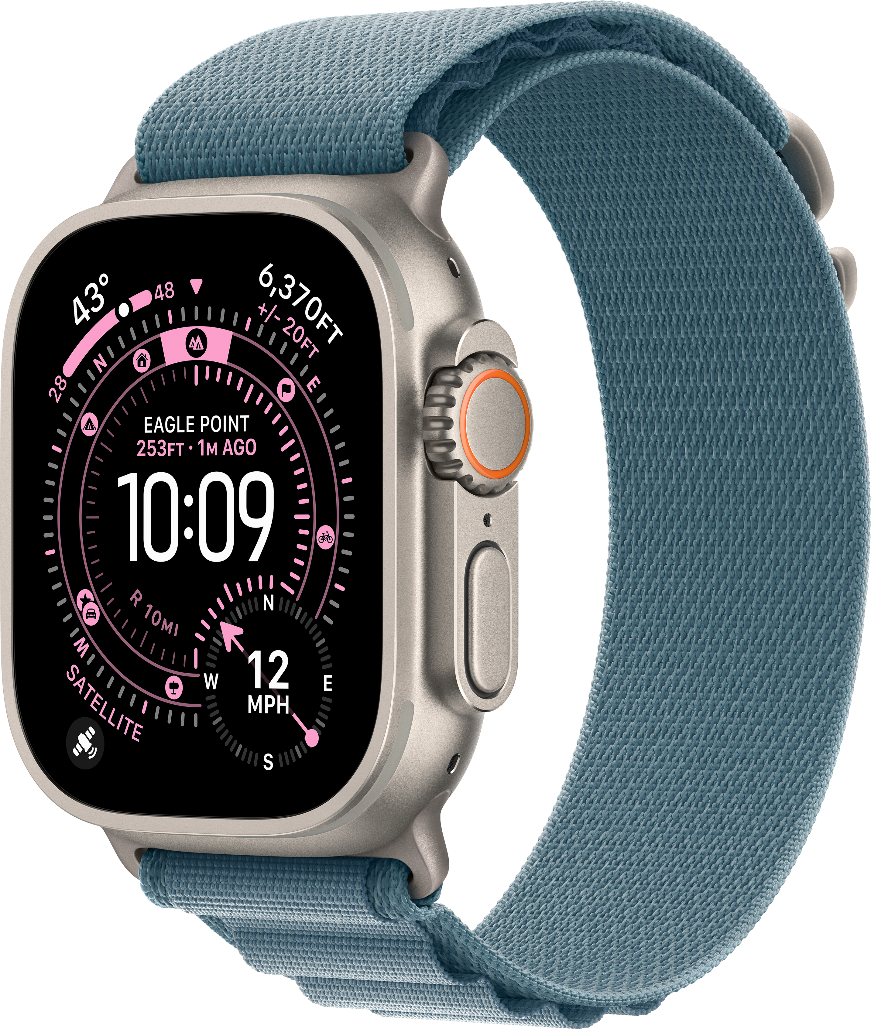Eine Apple Watch Ultra mit blauem Stoffarmband. Der Bildschirm zeigt Zeit-, Höhen- und Standortdaten auf schwarzem Hintergrund an.