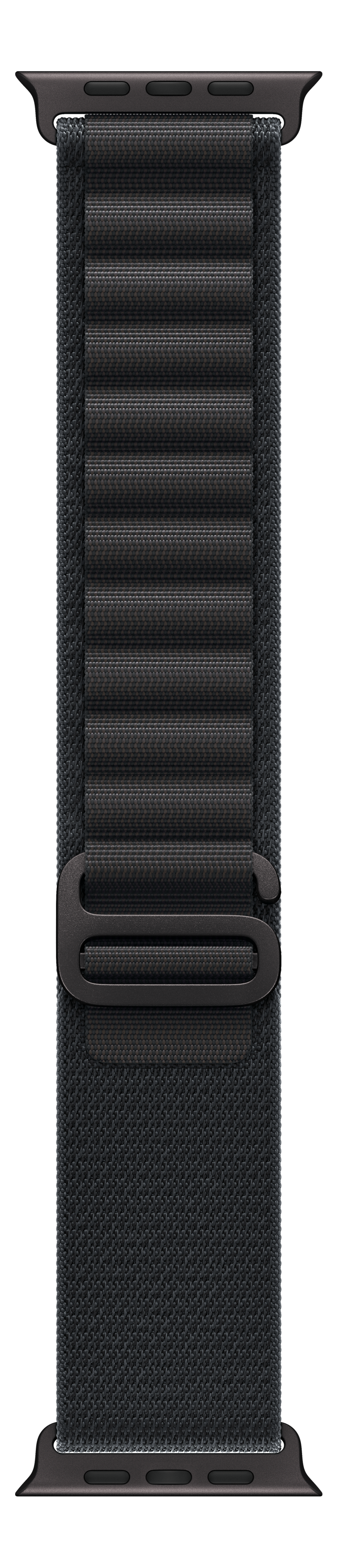 Bracelet Apple Watch gris foncé. Bracelet texturé avec boucle sombre. Fond noir.