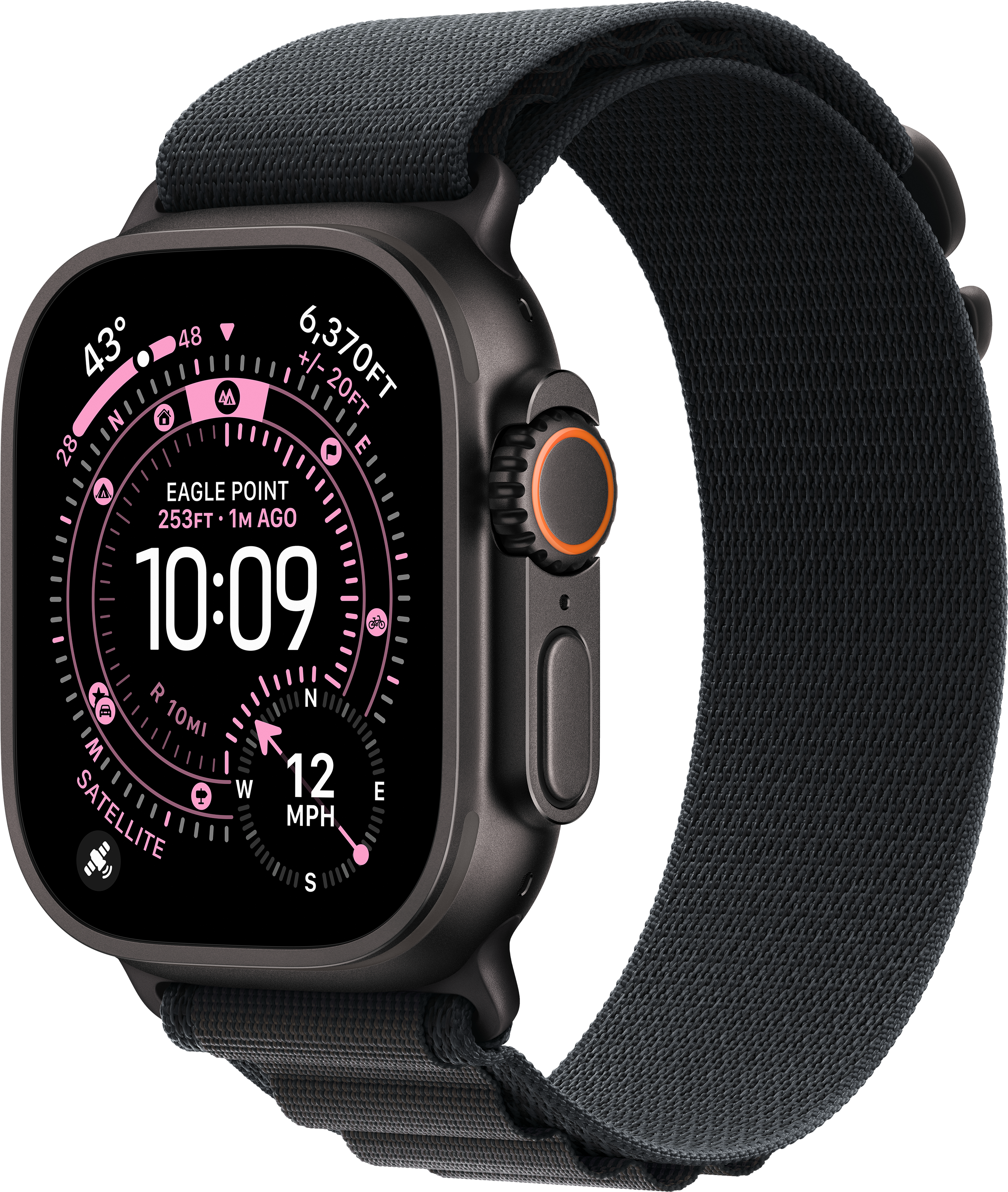Une montre intelligente noire avec un bracelet gris foncé affiche l'heure, l'altitude et les données de la boussole, sur fond noir.