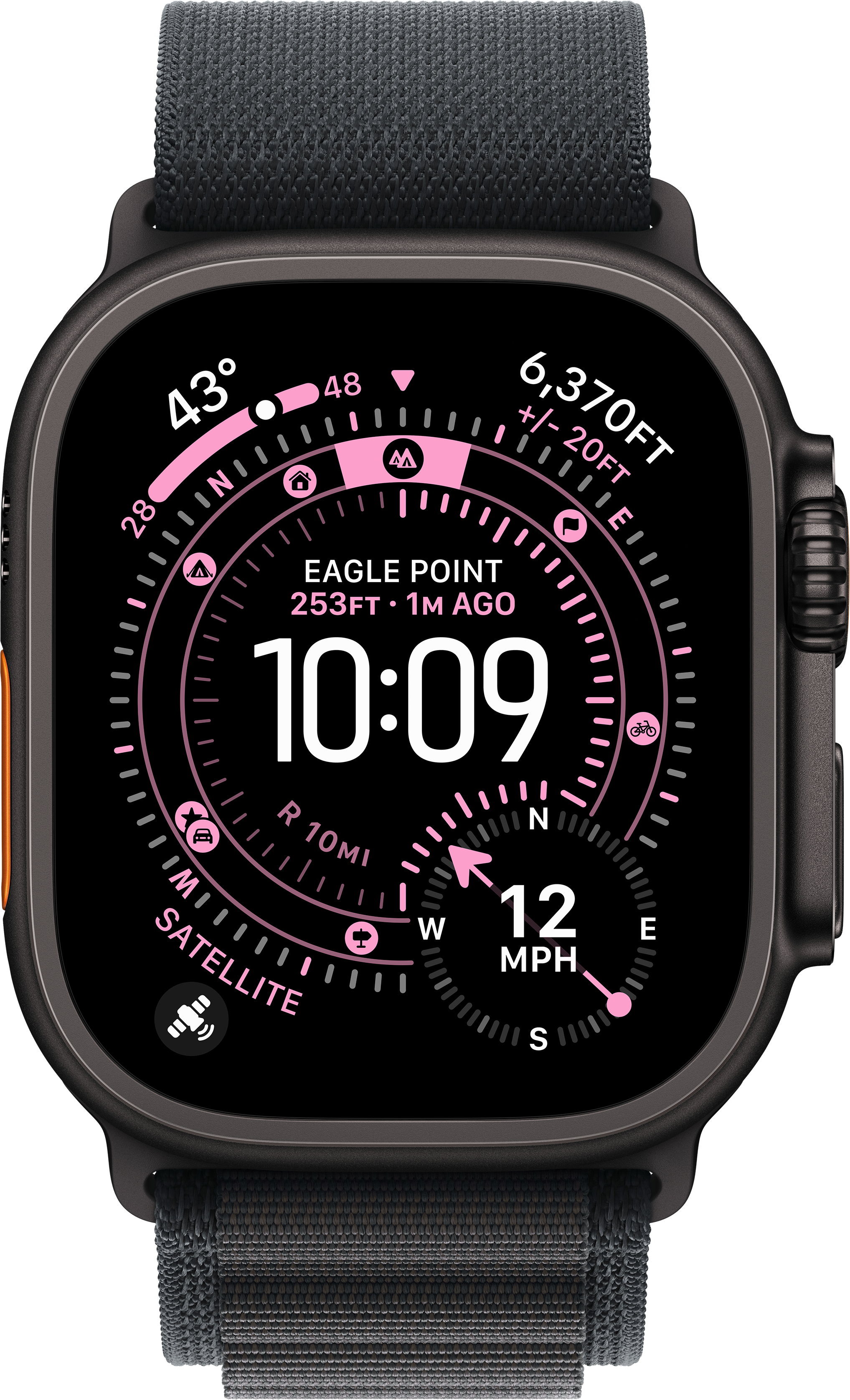 Une montre intelligente noire affiche l'heure, l'altitude et la vitesse. Elle a un bracelet noir. L'écran affiche des données roses et blanches.