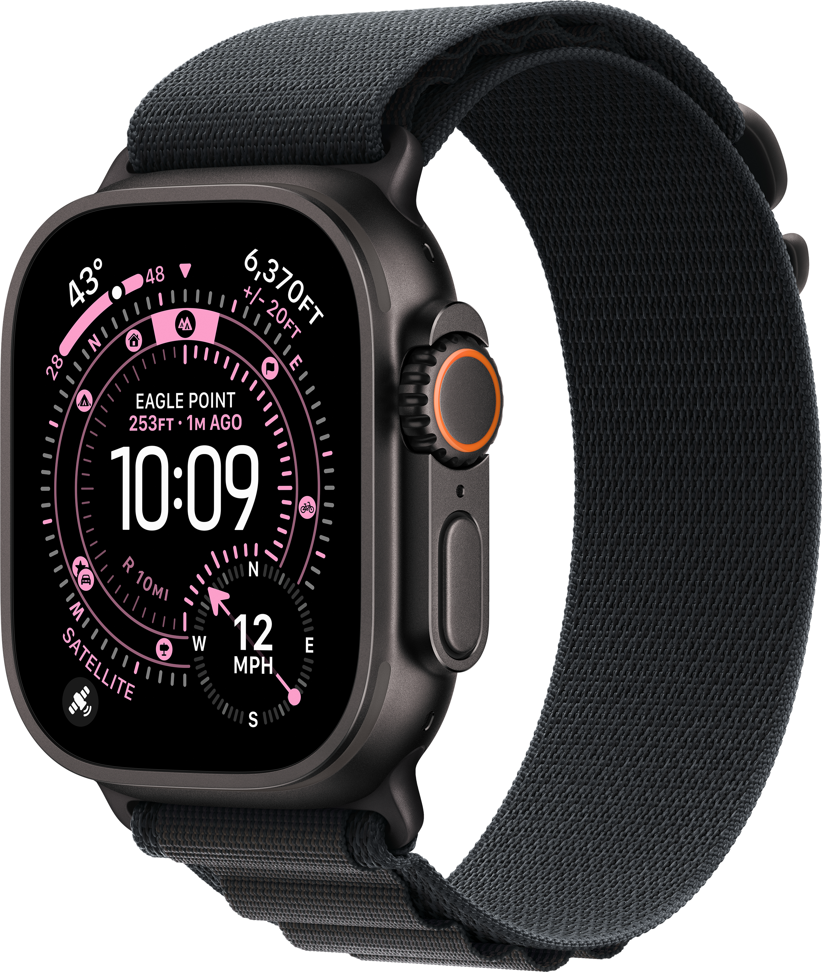 Une Apple Watch Ultra noire affiche l'heure et des données. Un bracelet en tissu gris entoure un fond sombre.