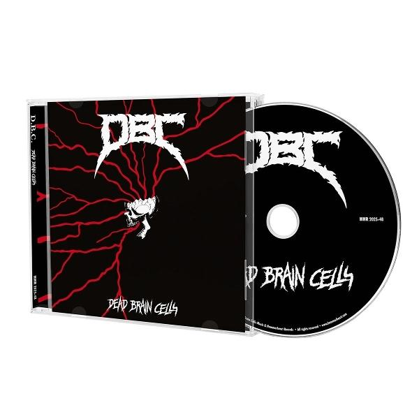 CD-Hülle mit schwarzem Cover, rotem Blitz, weißem Totenkopf und Text 'DEAD BRAIN CELLS'. CD ist schwarz mit weißem Text.