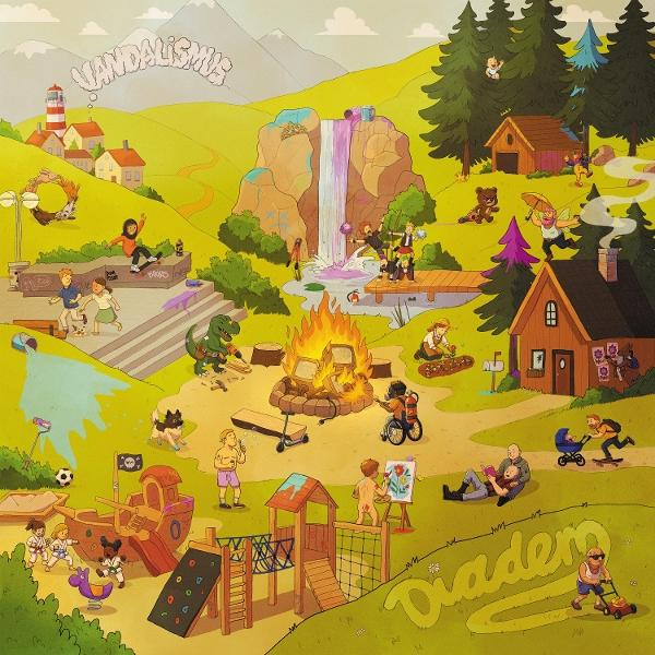 Cartoon-Szene mit Spielplatz, Wasserfall, Lagerfeuer, Menschen und einem Dinosaurier.  Verschiedene Aktivitäten werden dargestellt.