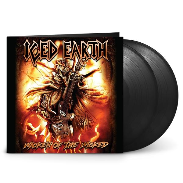 Albumcover mit skelettartiger Figur, die eine Gitarre hält. Titel: Iced Earth - Wacken of the Wicked. Zwei schwarze Schallplatten rechts.