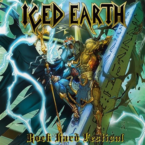 Albumcover mit einem Krieger, der einen Stab und einen Obelisken hält. Blitze und die Worte 'Iced Earth' und 'Rock Hard Festival'.