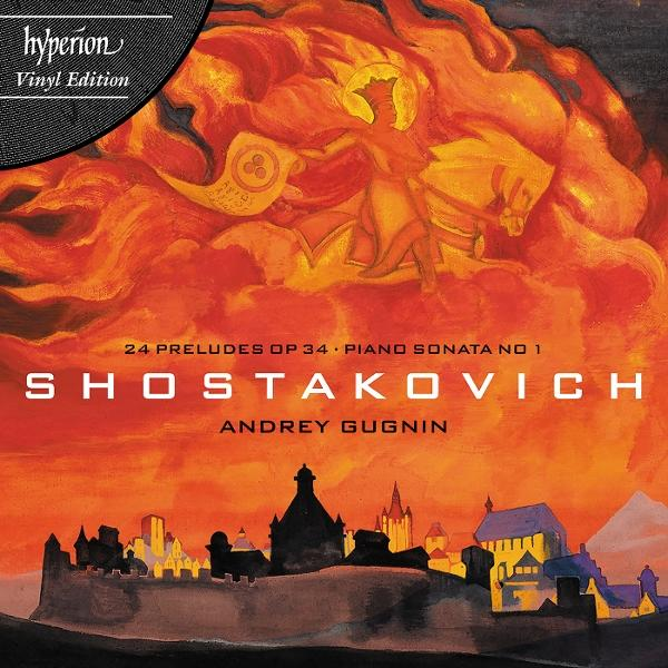 Albumcover mit feuriger Illustration eines Reiters. Der Titel ist Schostakowitsch. Enthält eine Stadtlandschaft unten und ein Hyperion-Logo.