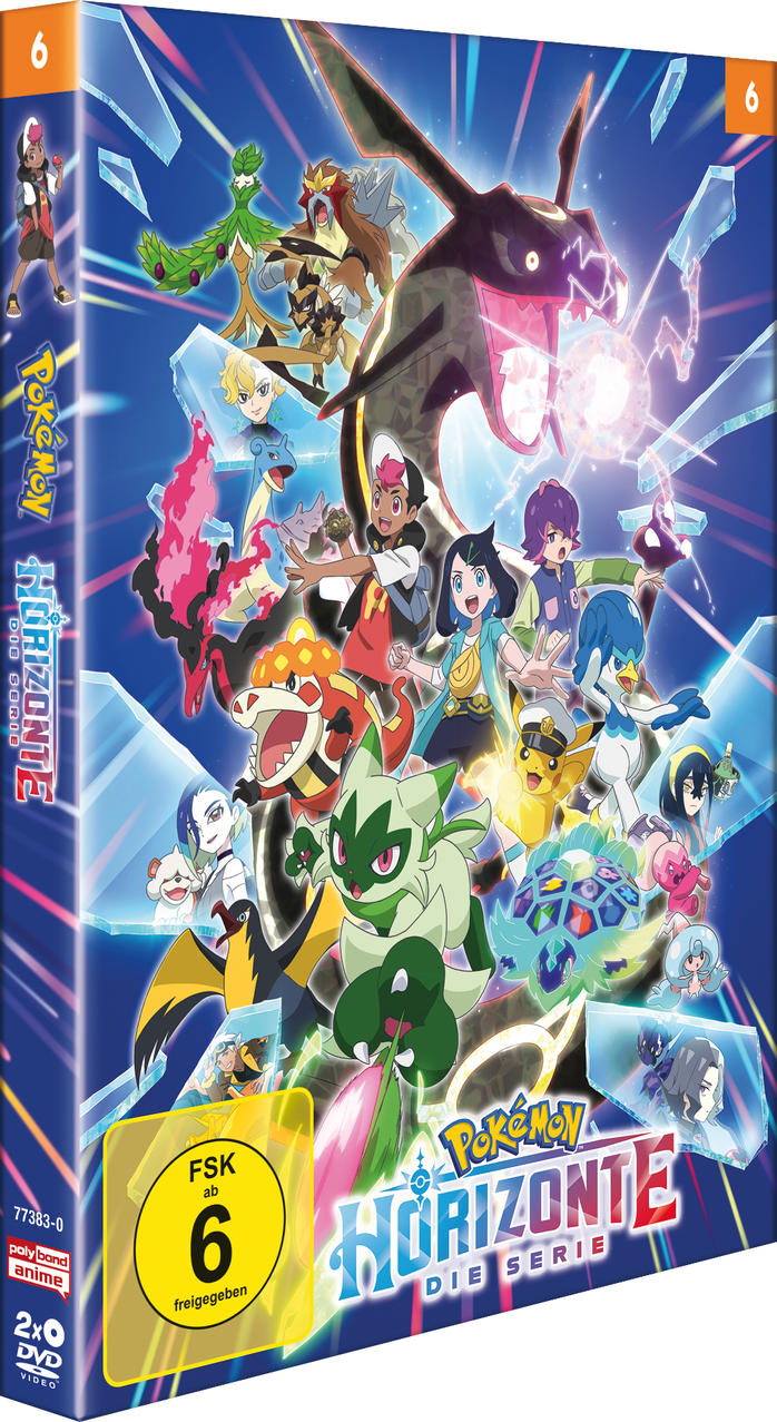 DVD-Hülle für Pokémon Horizons: Die Serie. Mit verschiedenen Pokémon-Charakteren und Trainern in einer dynamischen, farbenfrohen Komposition.