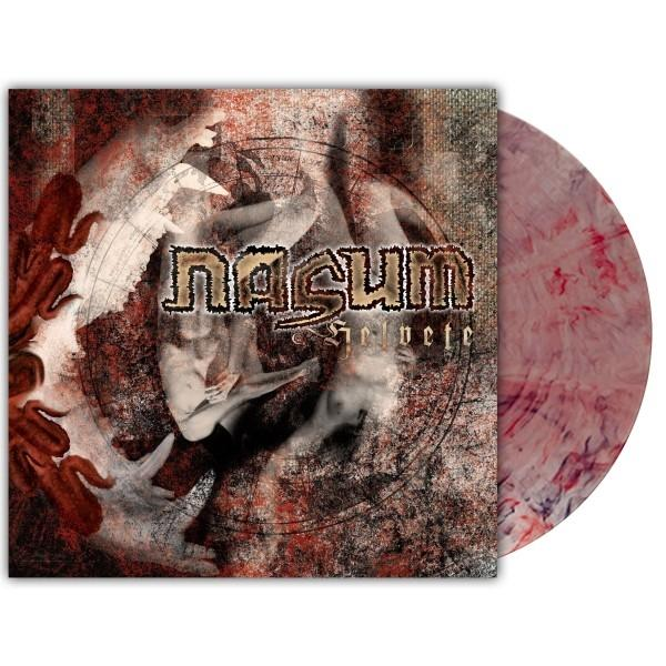Albumcover mit 'Nasum'-Text und abstrakter Kunst. Rechts eine Schallplatte mit rosa und roten Wirbeln.