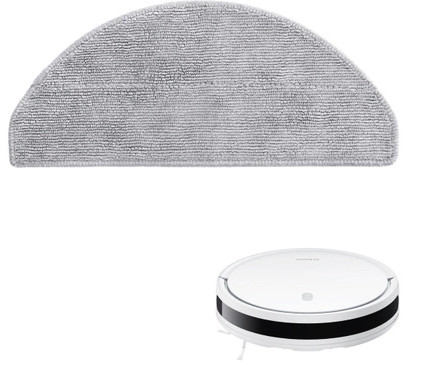 Biały odkurzacz automatyczny i szara nakładka czyszcząca na białym tle. Nakładka znajduje się nad odkurzaczem.
