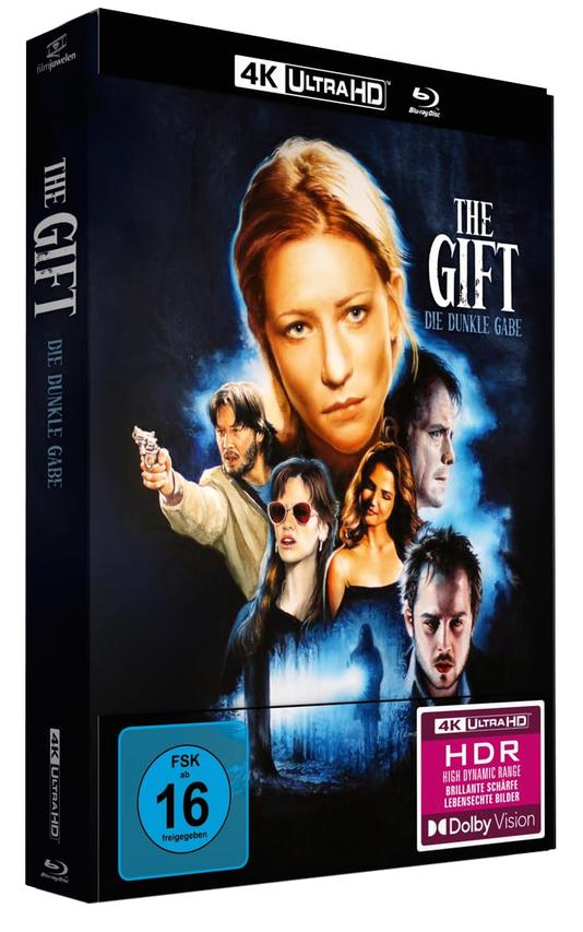 Filmcover von 'The Gift'. Zeigt Schauspieler, Titel und technische Details wie 4K Ultra HD und HDR. Dunkle, düstere Atmosphäre.