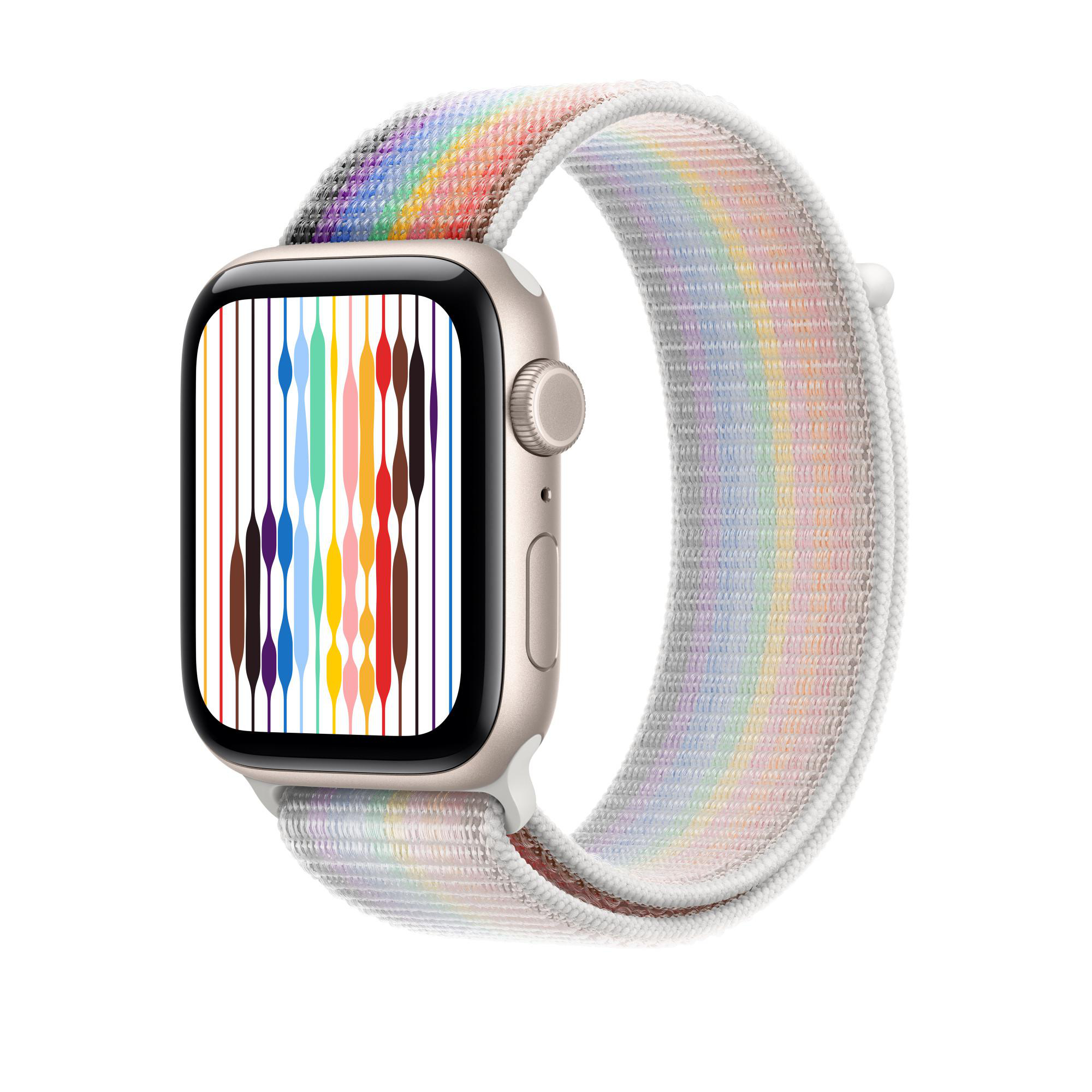Eine Apple Watch mit Regenbogenfarbenem Armband und einem Bildschirm mit bunten vertikalen Linien.