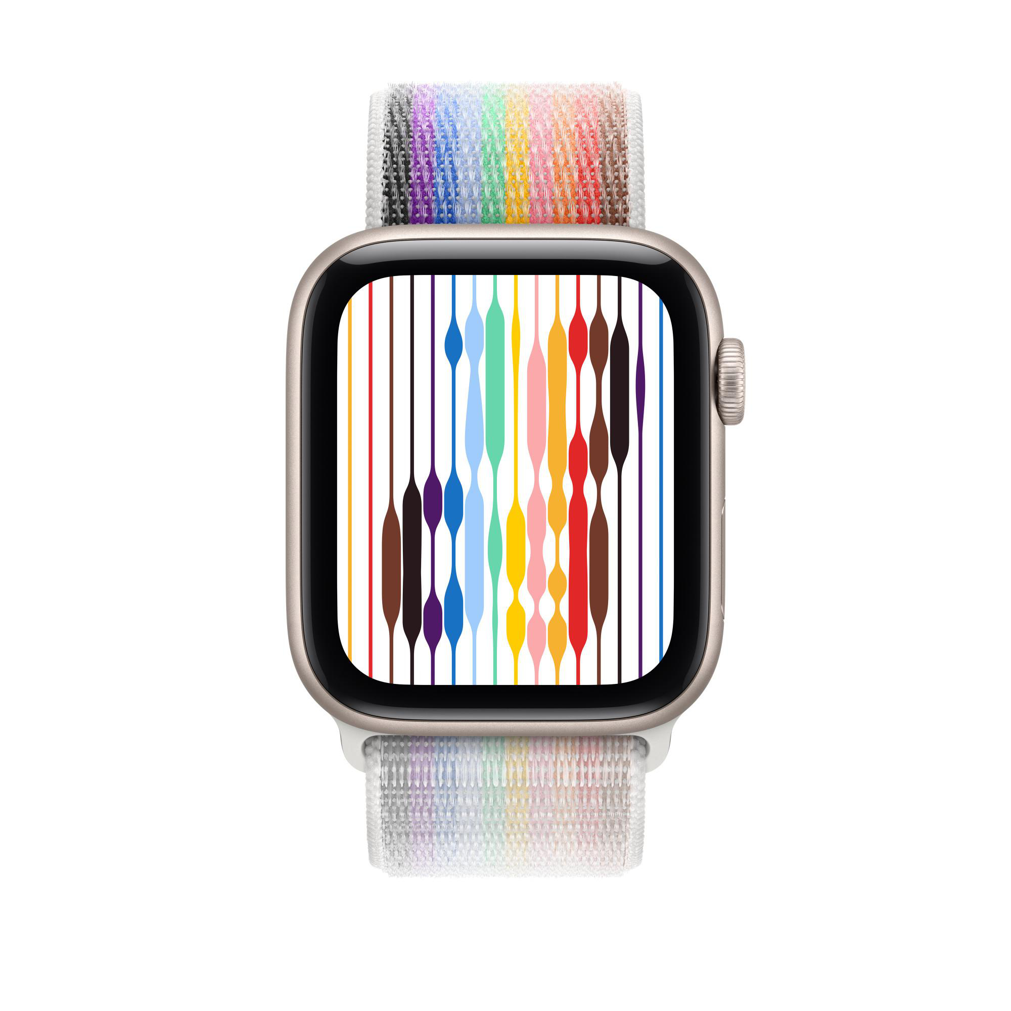 Eine Apple Watch mit farbenfrohem Band und einem Bildschirm, der ein lebendiges, abstraktes Design zeigt.