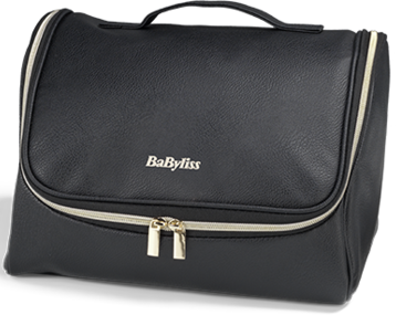 Eine schwarze BabyLiss Kosmetiktasche mit goldenem Reißverschluss und Griff.