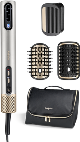 Ein silbernes und goldenes Haarstyling-Werkzeug mit Aufsätzen und einer schwarzen Reisetasche, alles auf weißem Hintergrund.