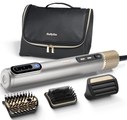 Ein Haarglätter-Set mit schwarzer Tragetasche, silbernem und goldenem Haarglätter sowie drei Bürstenaufsätzen.