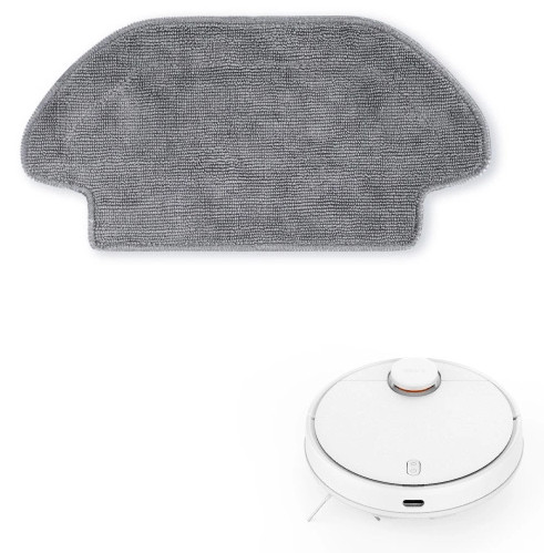 Szara podkładka do mopa z mikrofibry i biały robot sprzątający na białym tle. Robot ma okrągły kształt.