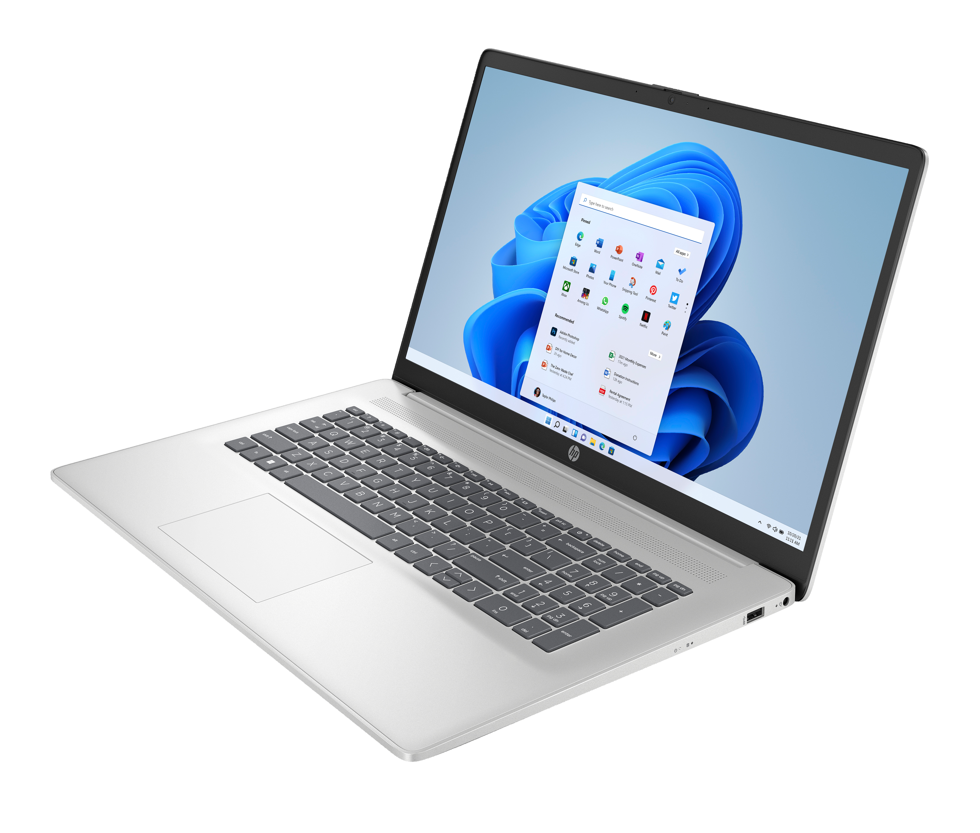 Srebrny laptop z podświetlonym ekranem, pokazującym interfejs Windows 11. Klawiatura jest widoczna.